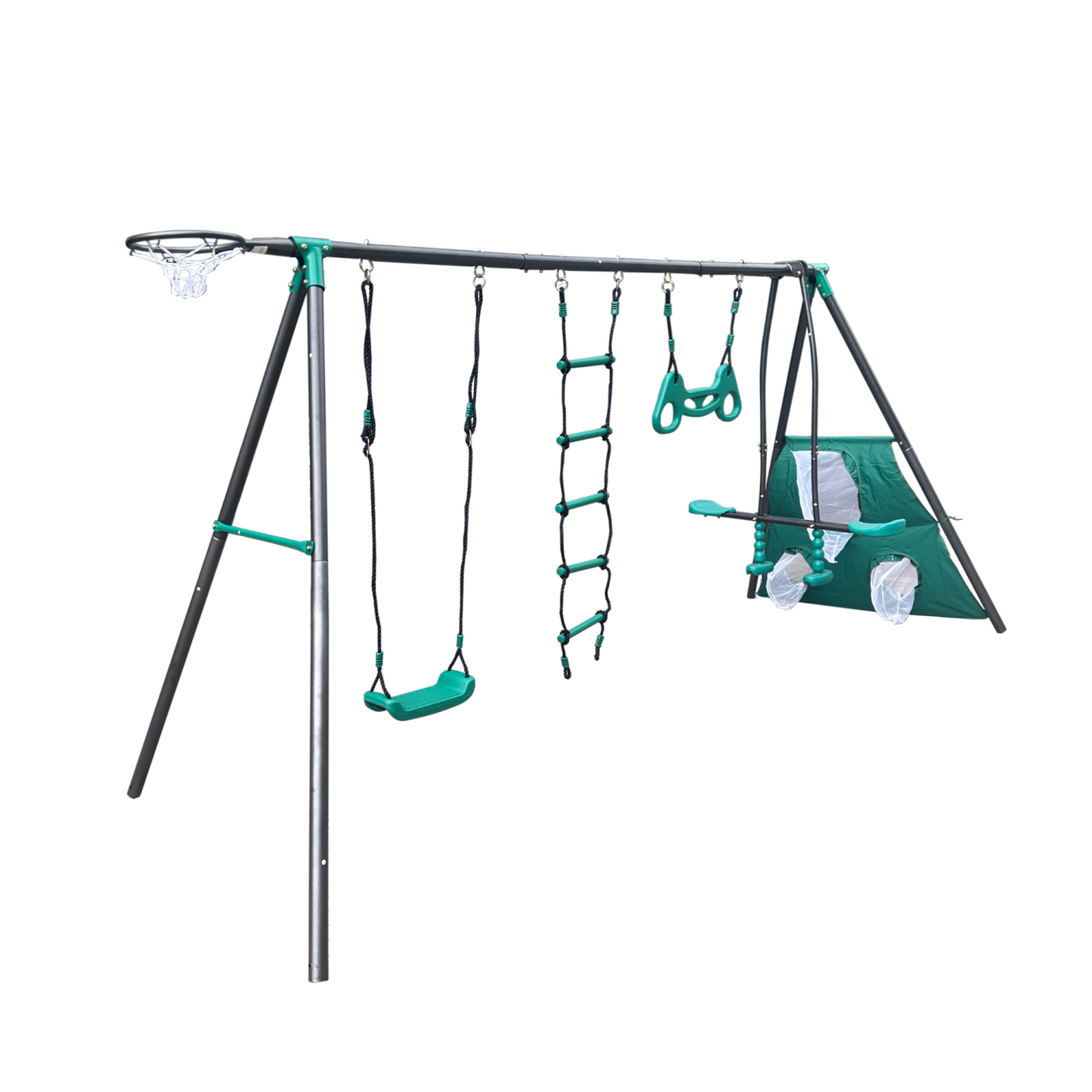 Metal Swing Set for Kids 3-8, Backyard Playground Set with Face-to-face Swings, Hanging Rings, Basketball Stand, Football Nets, Climbing Ladders, Kids Swing Sets for Backyard, 550lbs Capacity, Green