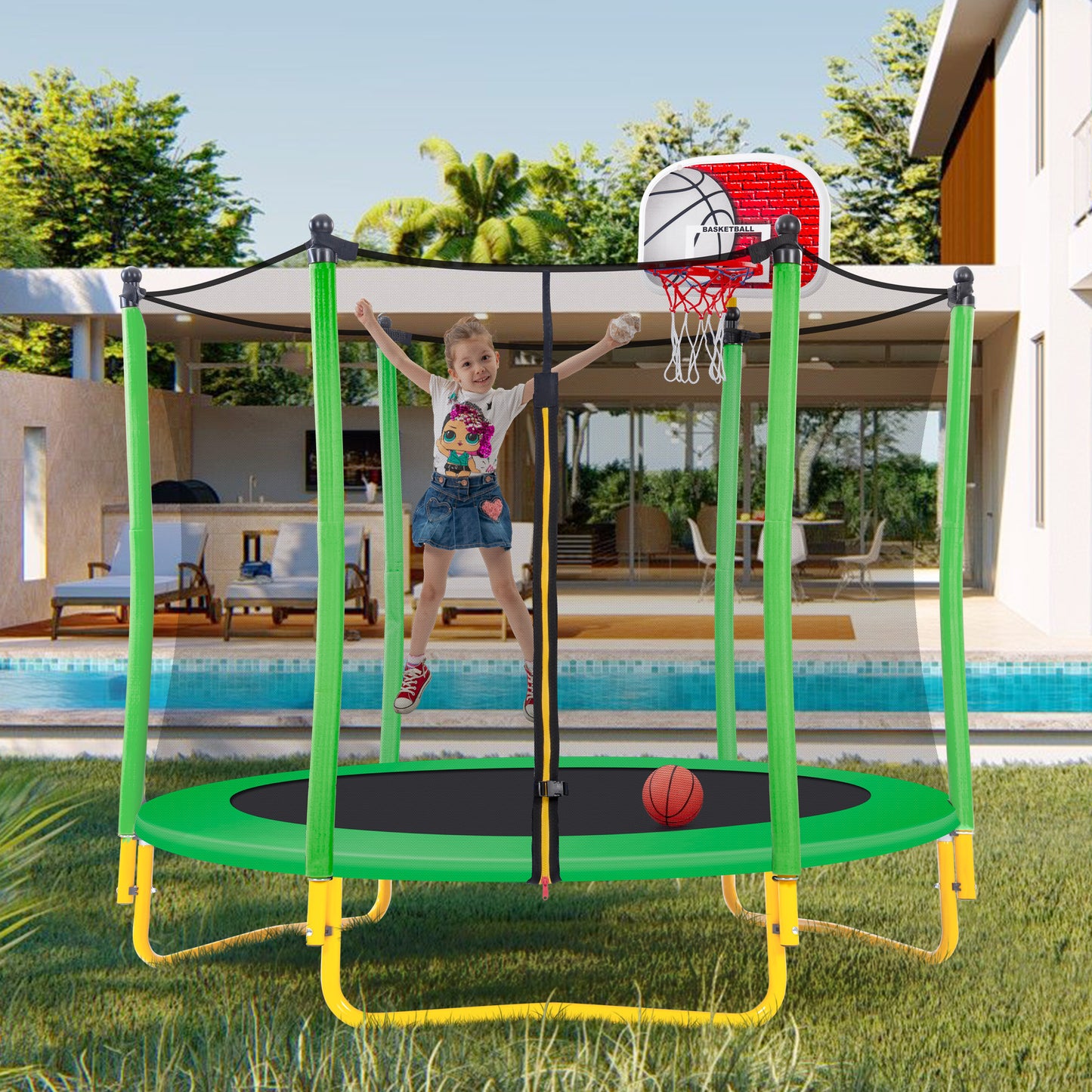 SHINPT 65" trampoline for kids, 5.5ft Toddler Trampoline with Basketball Hoop, Small Trampoline with Net, Mini Trampoline with 3 U-Shaped Legs, Kid Trampoline Indoor & Outdoor