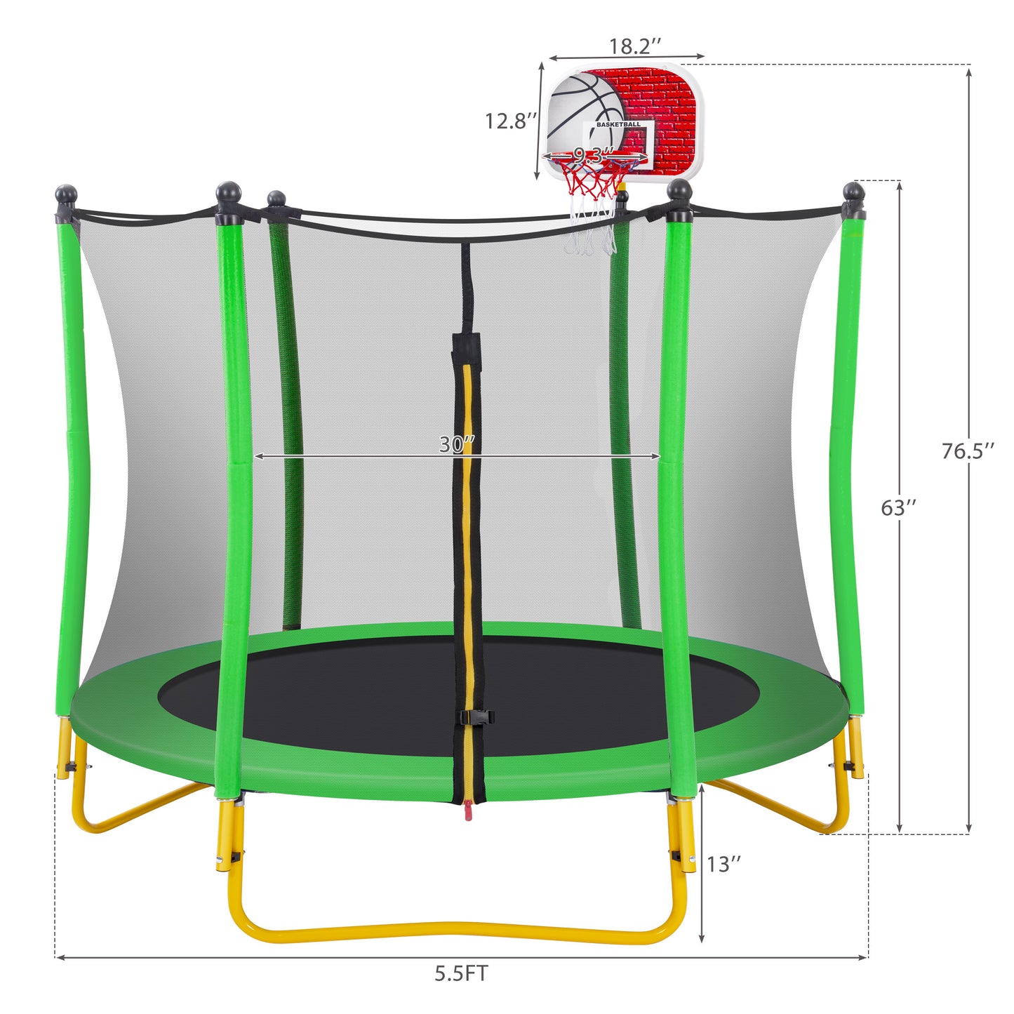 SHINPT 65" trampoline for kids, 5.5ft Toddler Trampoline with Basketball Hoop, Small Trampoline with Net, Mini Trampoline with 3 U-Shaped Legs, Kid Trampoline Indoor & Outdoor