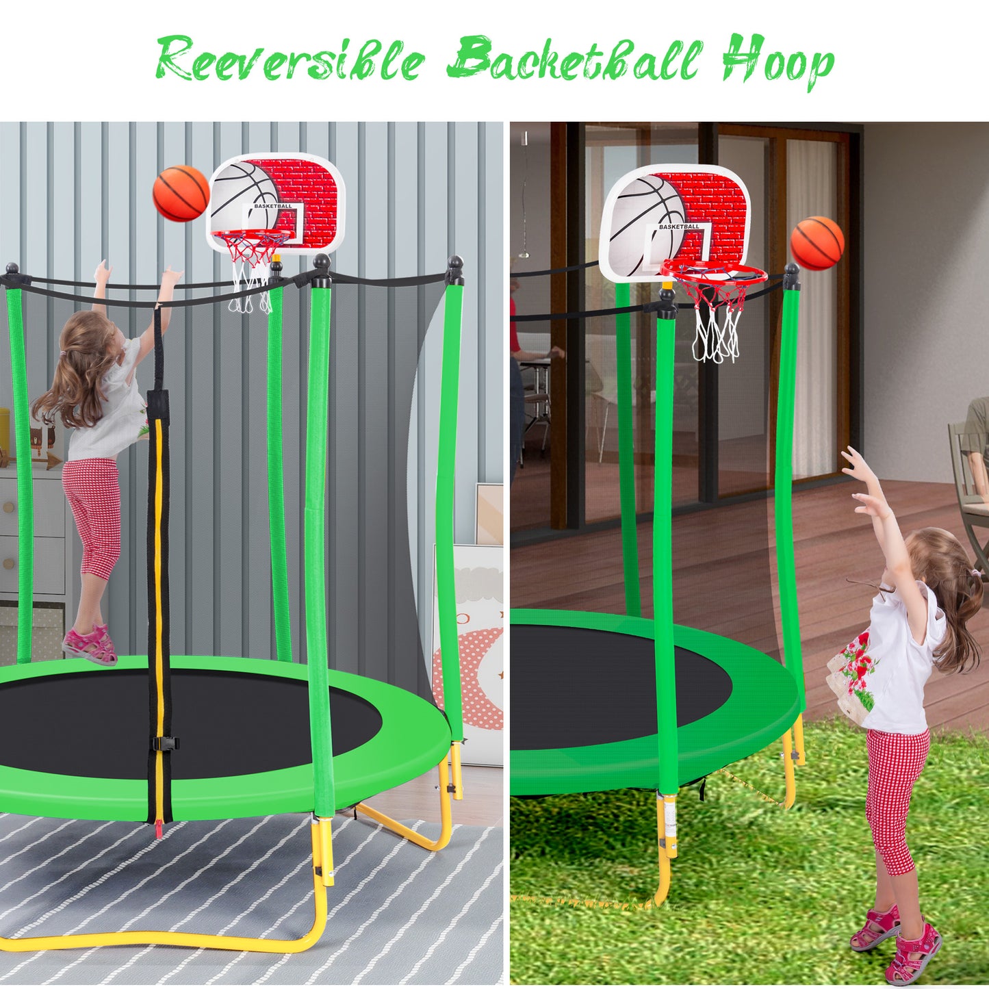 SHINPT 65" trampoline for kids, 5.5ft Toddler Trampoline with Basketball Hoop, Small Trampoline with Net, Mini Trampoline with 3 U-Shaped Legs, Kid Trampoline Indoor & Outdoor