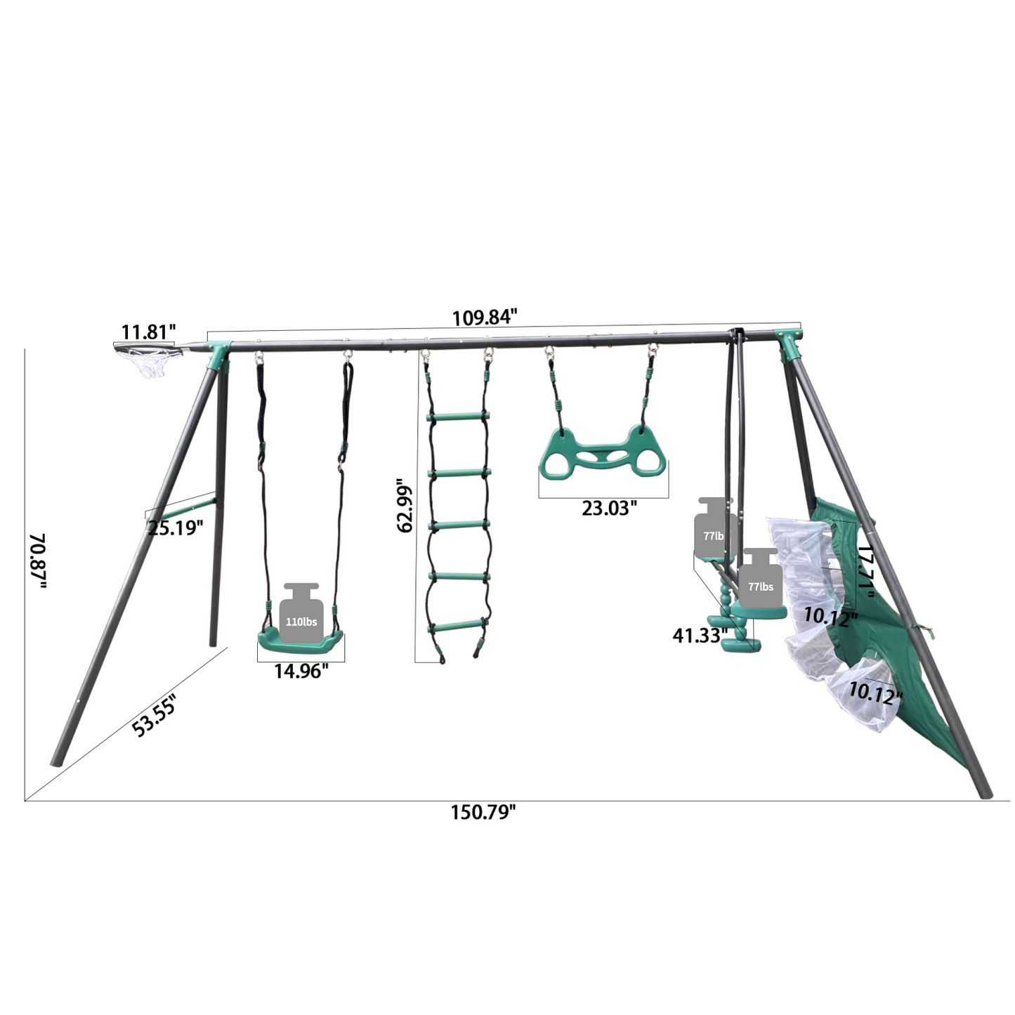 Metal Swing Set for Kids 3-8, Backyard Playground Set with Face-to-face Swings, Hanging Rings, Basketball Stand, Football Nets, Climbing Ladders, Kids Swing Sets for Backyard, 550lbs Capacity, Green