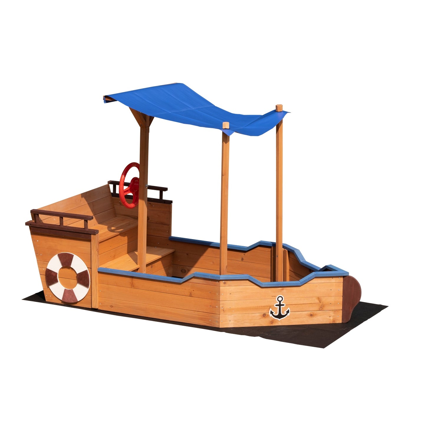 Wooden Pirate Sandbox with Cover and Rudder, SHINPT Kids Sand Boxes with Storage Bench and Seat, Outdoor Toddlers Sand Pit for Backyard Garden, UV-Resistant & Adjustable Roof, Gift for Ages 3-8
