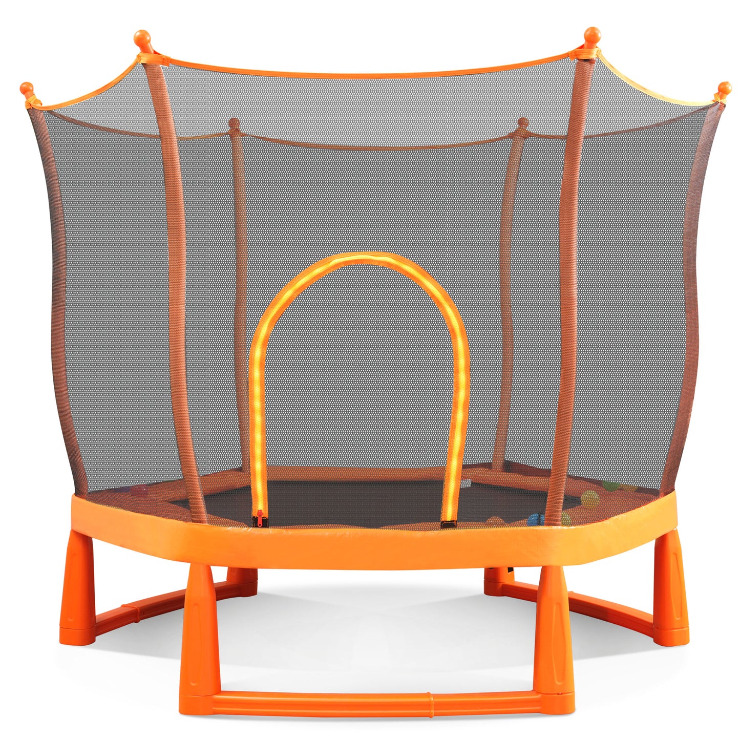 6FT Outdoor & Indoor Toddler Trampoline with Enclosure Net, Ocean Balls and Pit Balls Included, Entertainment Lotus Trampoline for Backyard, Patio, Easy Assembly, Orange