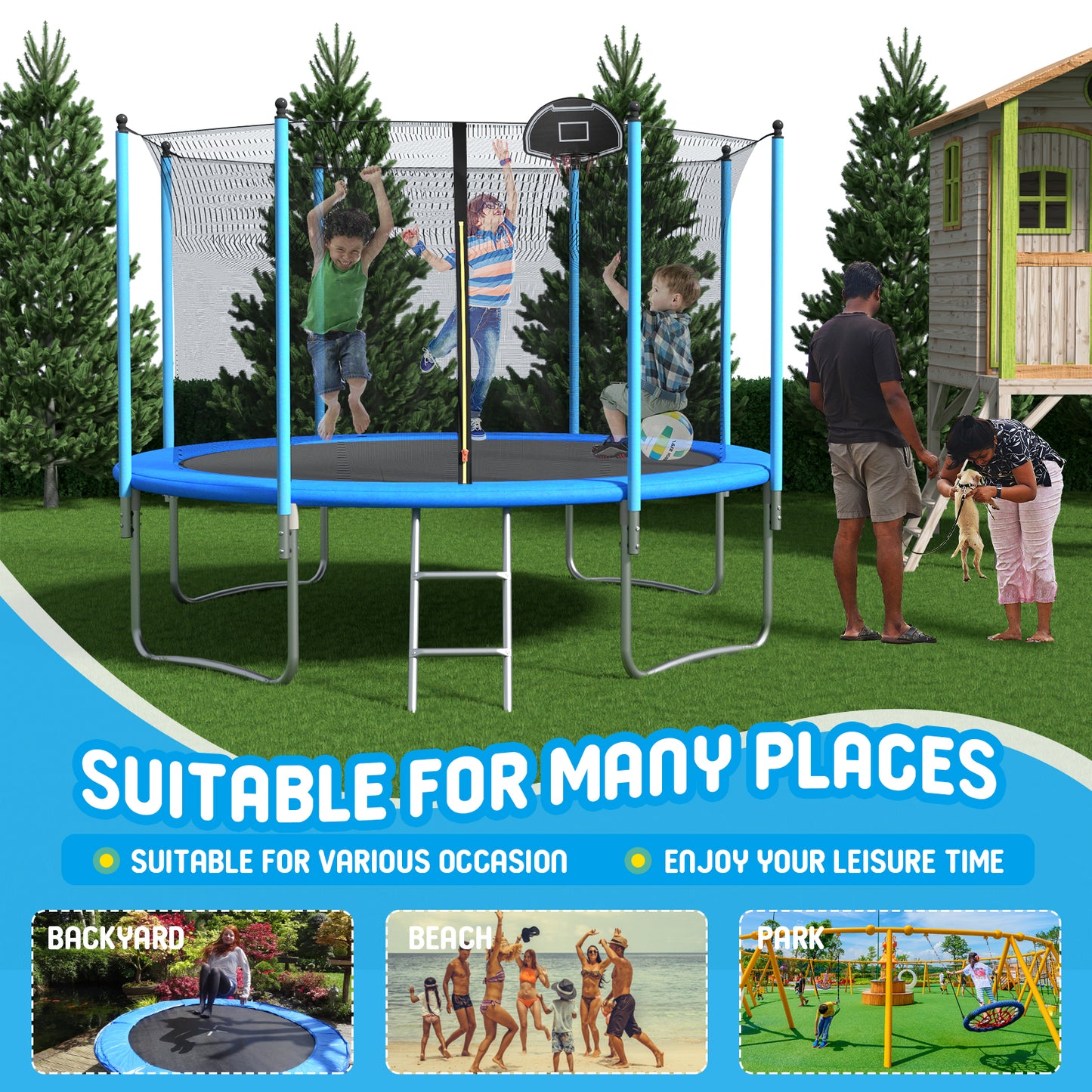 10FT Outdoor Trampoline with Safety Enclosure Net, Reinforced Type Rebounder Trampoline, Recreational Trampoline with Basketball Hoop for Backyard, Patio, Kids Trampoline for Boys&Girls