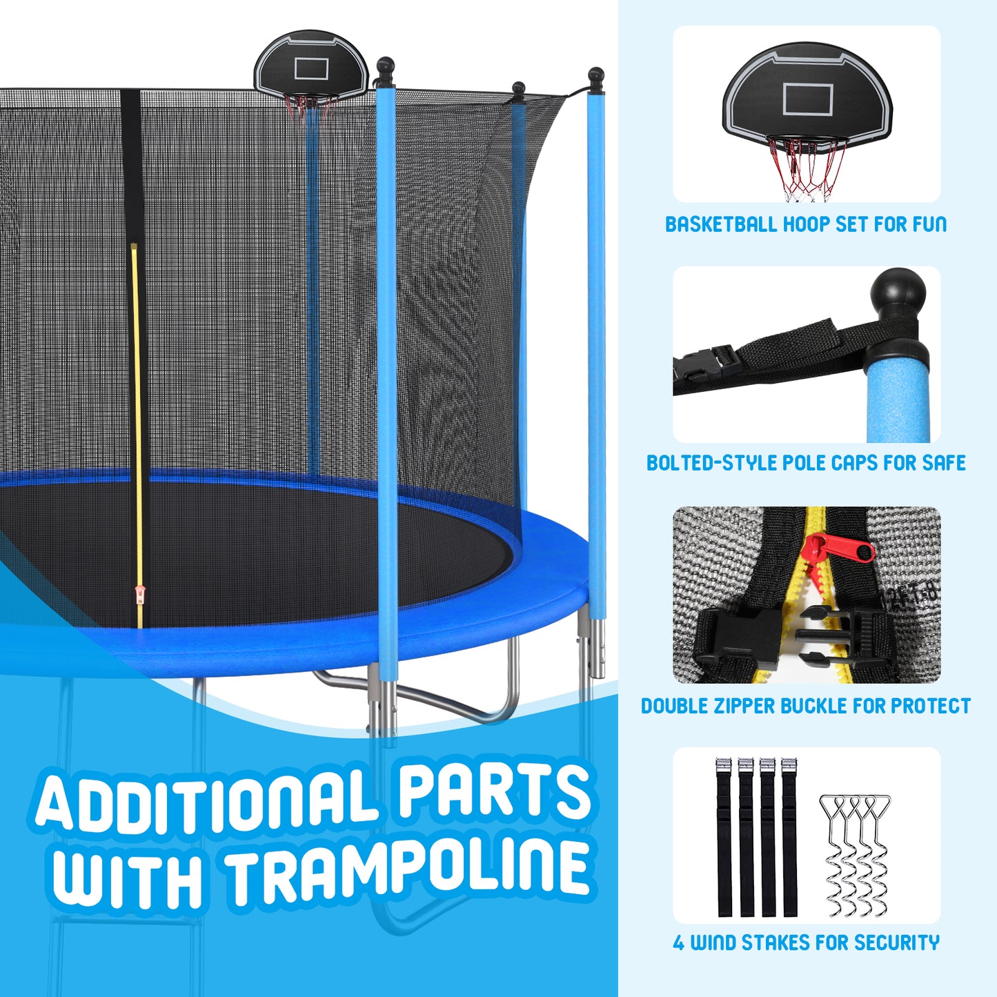 10FT Outdoor Trampoline with Safety Enclosure Net, Reinforced Type Rebounder Trampoline, Recreational Trampoline with Basketball Hoop for Backyard, Patio, Kids Trampoline for Boys&Girls