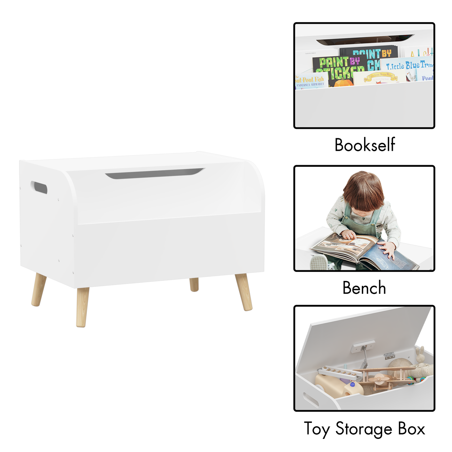 Kids Toy Chest for Boys and Girls, SHINPT Kids Toy Storage, Wooden Toy Box Storage with Lid, White Toy Box with Safety Hinges, Toy Chest Bench for Bedroom, Stylish Storage Organizer for Toys