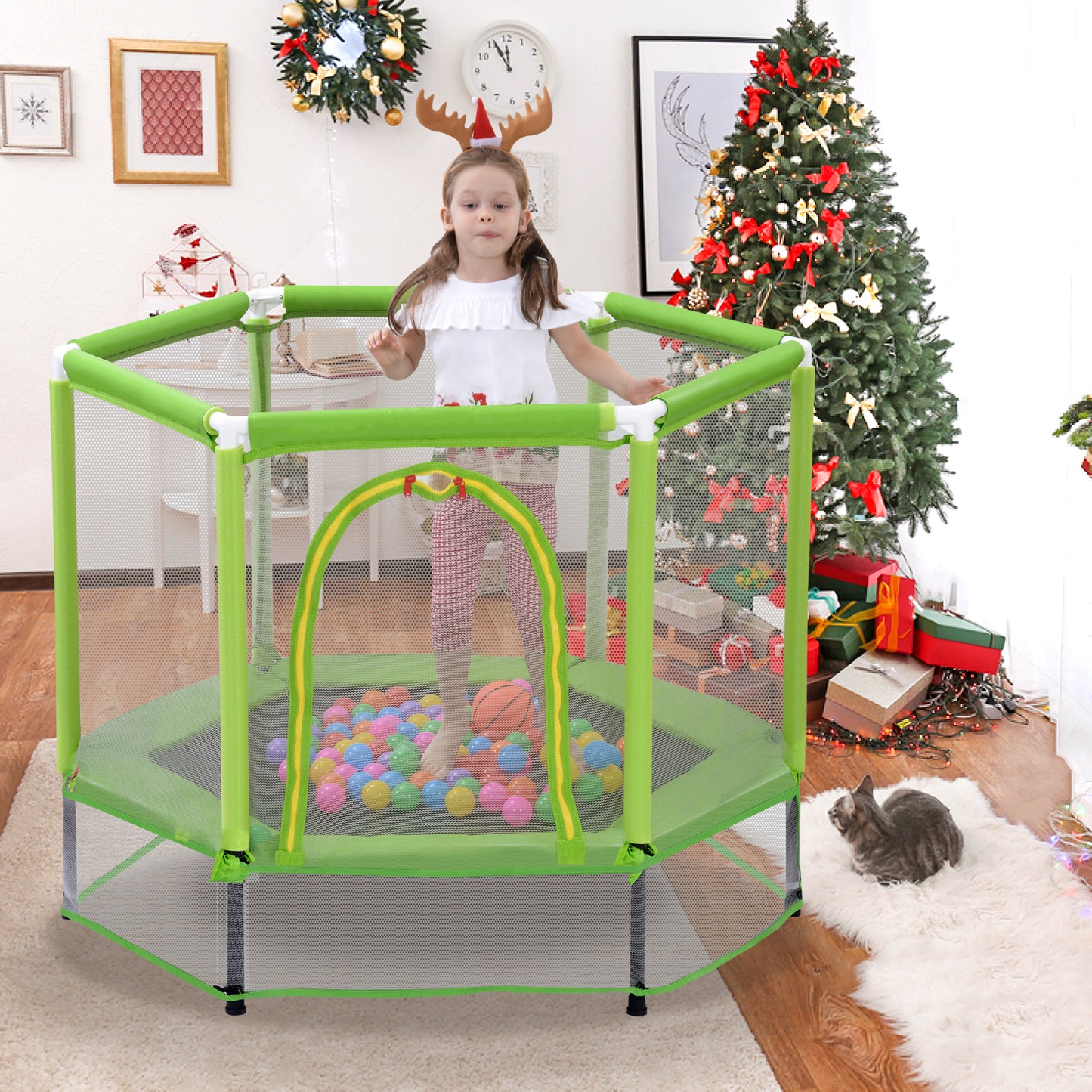 55'' Toddlers Trampoline with Safety Enclosure Net and Ocean Balls, Indoor Outdoor Mini Trampoline for Kids Age2-9, Entertainment Trampoline for Backyard, Patio