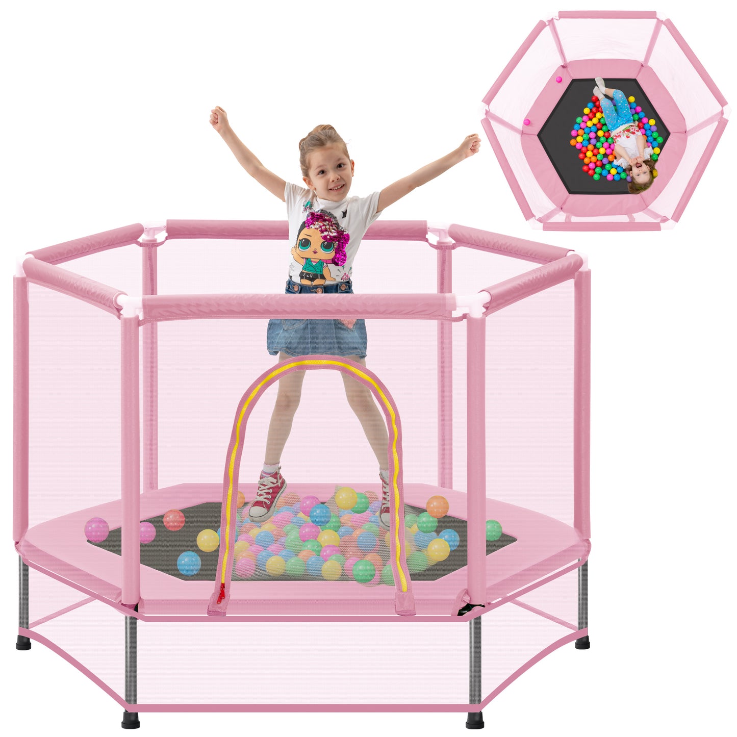 55'' Toddlers Trampoline with Safety Enclosure Net and Ocean Balls, Indoor Outdoor Mini Trampoline for Kids Age2-9, Entertainment Trampoline for Backyard, Patio