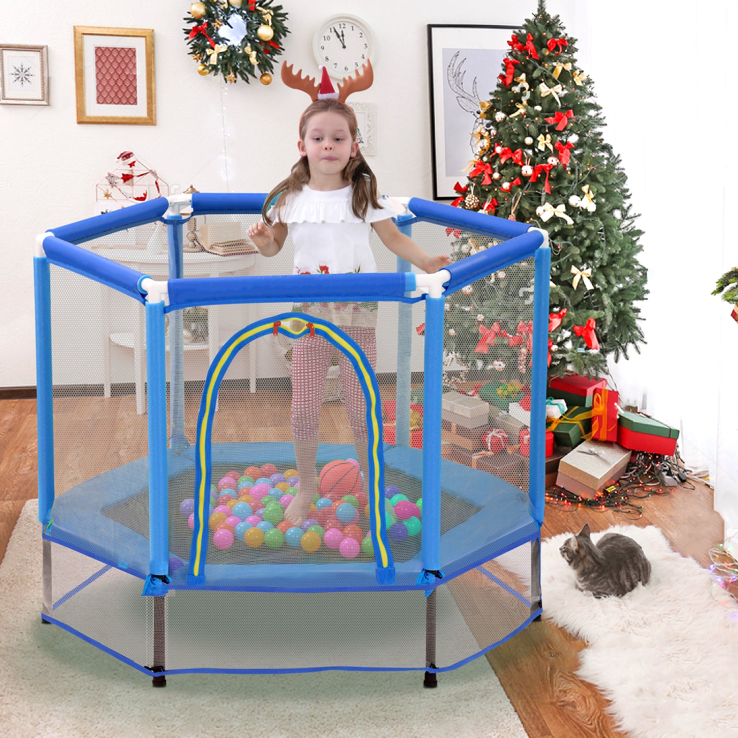 55'' Toddlers Trampoline with Safety Enclosure Net and Ocean Balls, Indoor Outdoor Mini Trampoline for Kids Age2-9, Entertainment Trampoline for Backyard, Patio