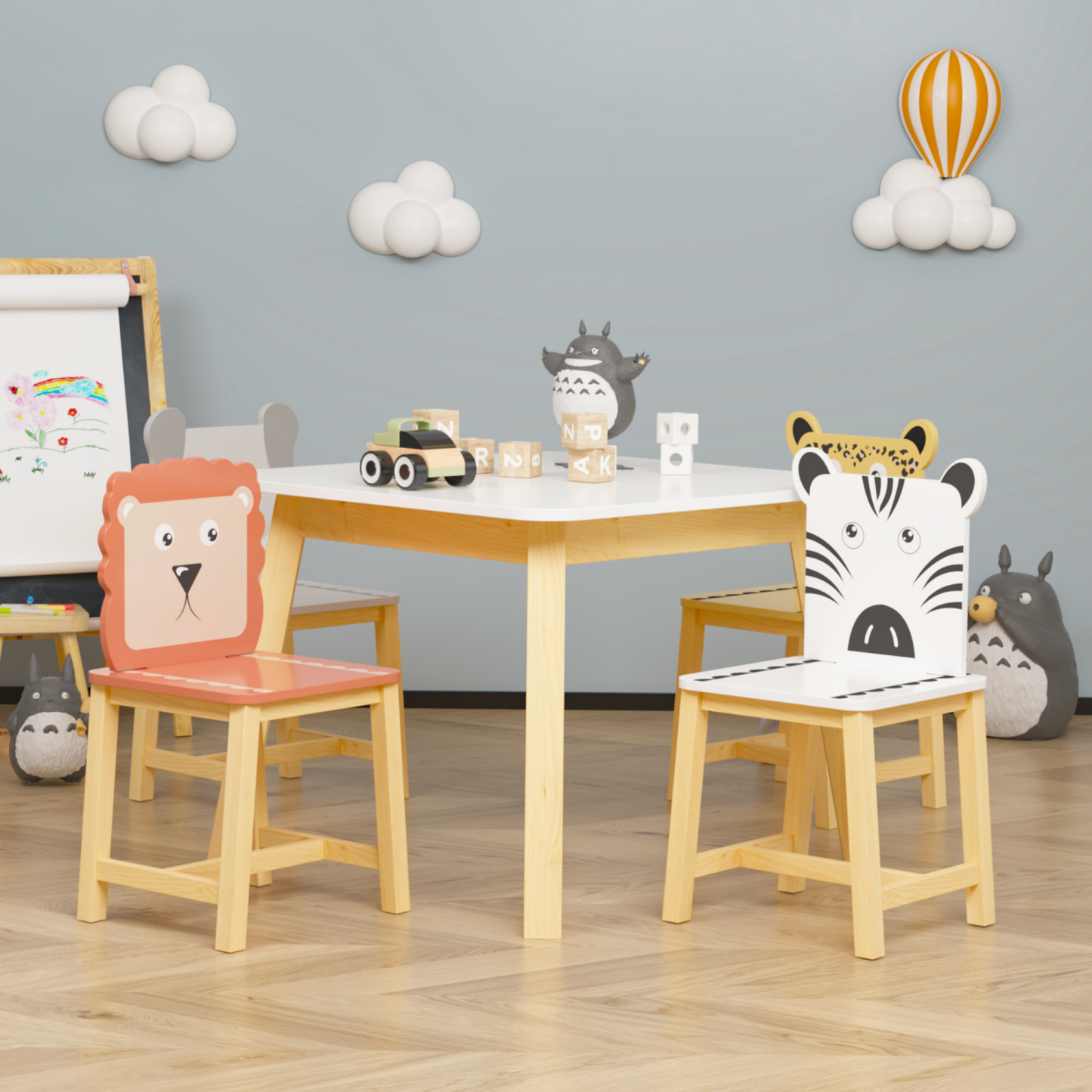 Kids Table and 4 Chairs Set, SHINPT 5 Pieces Wooden Activity Play Table Set with Non-Slip Legs , Toddler Table and Chair Set with Cute Animal, Kids Activity Table for Playroom, Classroom, Home