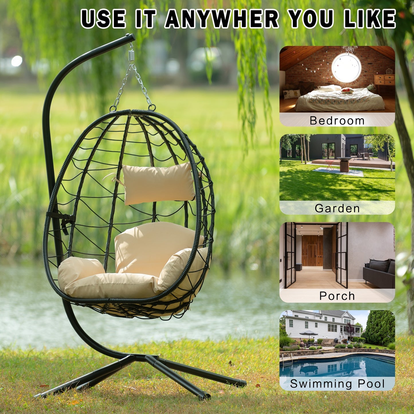 Egg Chair with Stand, SHINPT Patio Rattan Wicker Hanging Swing Egg Chair with Steel Frame and Soft Cushions, Indoor Outdoor Hammock Egg Chair for Patio, Bedroom, Garden and Balcony, 35Lbs Capacity