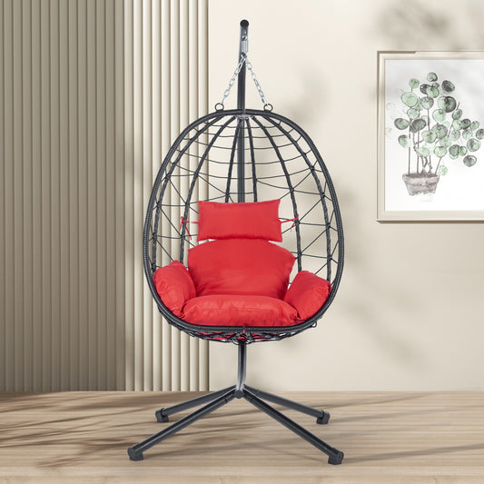 Egg Chair with Stand, SHINPT Patio Rattan Wicker Hanging Swing Egg Chair with Steel Frame and Soft Cushions, Indoor Outdoor Hammock Egg Chair for Patio, Bedroom, Garden and Balcony, 35Lbs Capacity