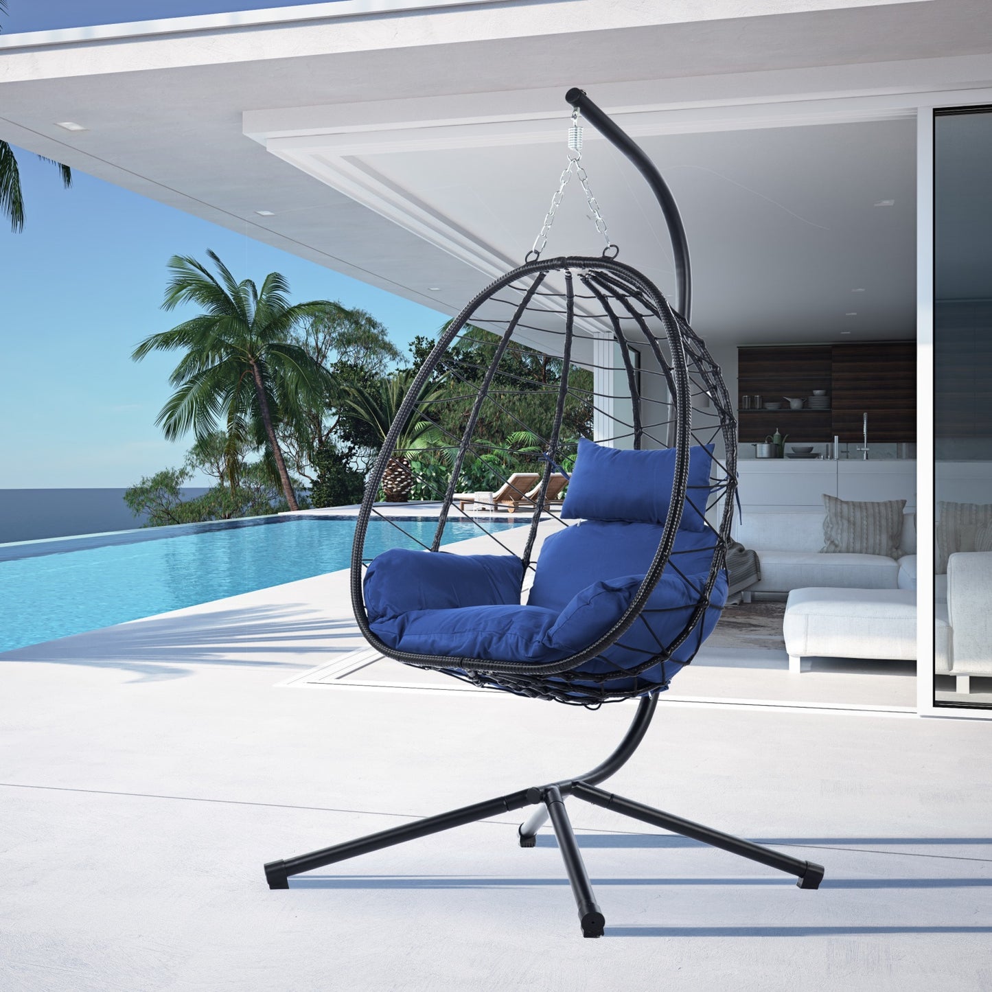 Egg Chair with Stand, SHINPT Patio Rattan Wicker Hanging Swing Egg Chair with Steel Frame and Soft Cushions, Indoor Outdoor Hammock Egg Chair for Patio, Bedroom, Garden and Balcony, 35Lbs Capacity