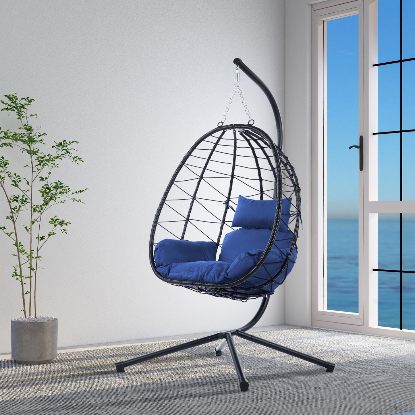 Egg Chair with Stand, SHINPT Patio Rattan Wicker Hanging Swing Egg Chair with Steel Frame and Soft Cushions, Indoor Outdoor Hammock Egg Chair for Patio, Bedroom, Garden and Balcony, 35Lbs Capacity