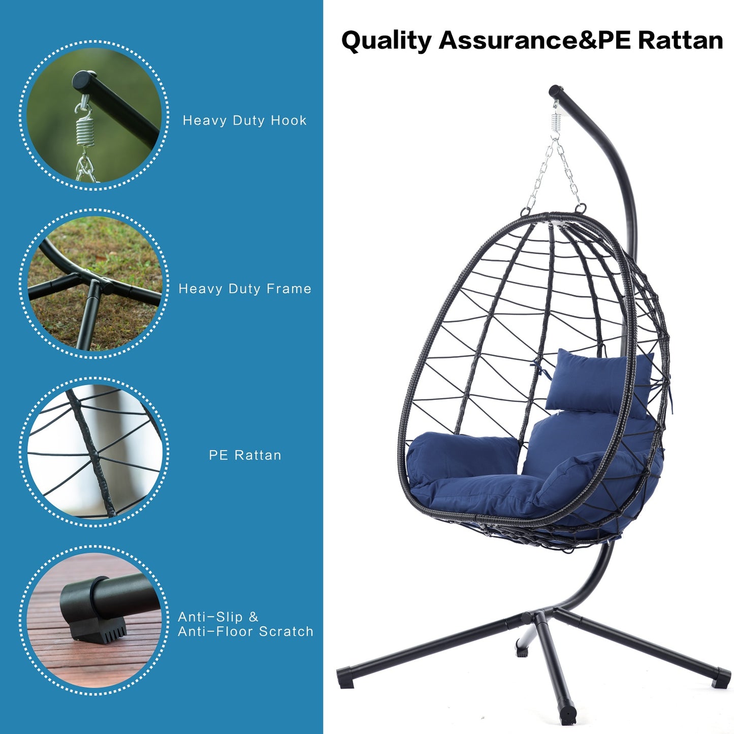 Egg Chair with Stand, SHINPT Patio Rattan Wicker Hanging Swing Egg Chair with Steel Frame and Soft Cushions, Indoor Outdoor Hammock Egg Chair for Patio, Bedroom, Garden and Balcony, 35Lbs Capacity
