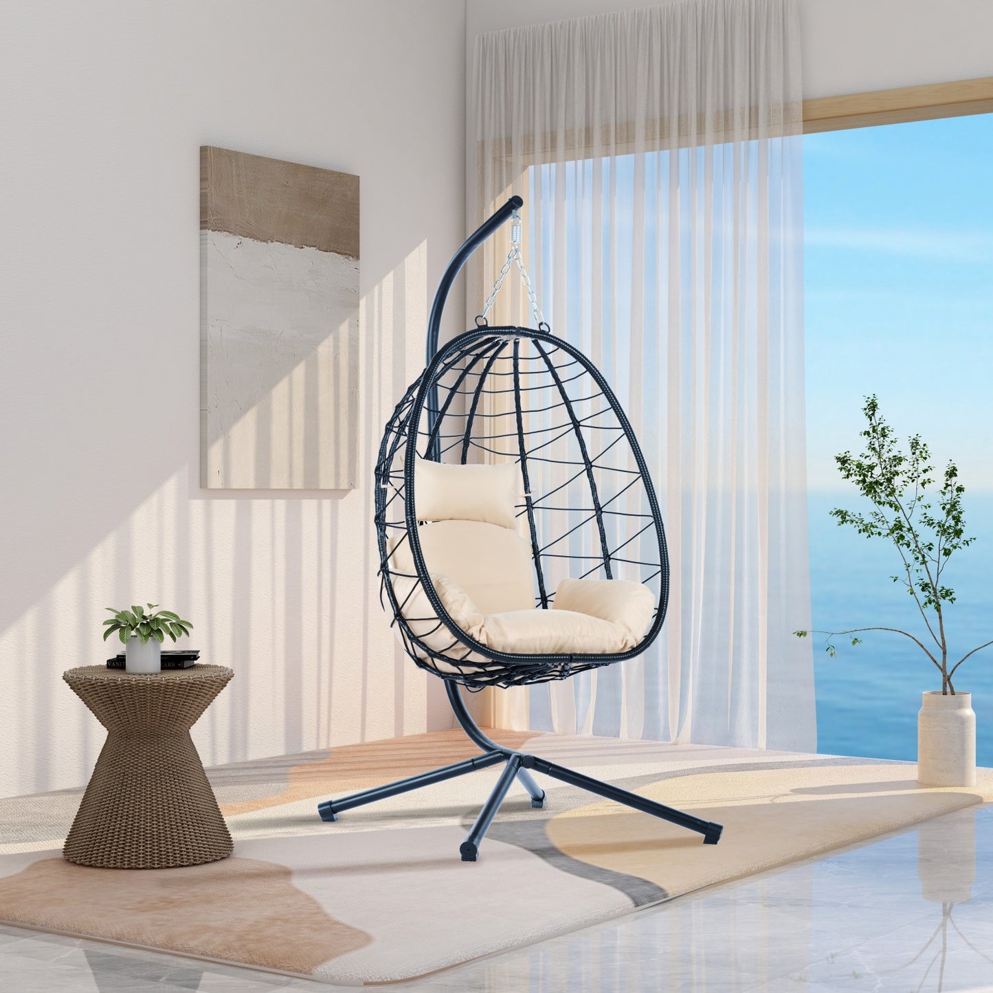 Egg Chair with Stand, SHINPT Patio Rattan Wicker Hanging Swing Egg Chair with Steel Frame and Soft Cushions, Indoor Outdoor Hammock Egg Chair for Patio, Bedroom, Garden and Balcony, 35Lbs Capacity