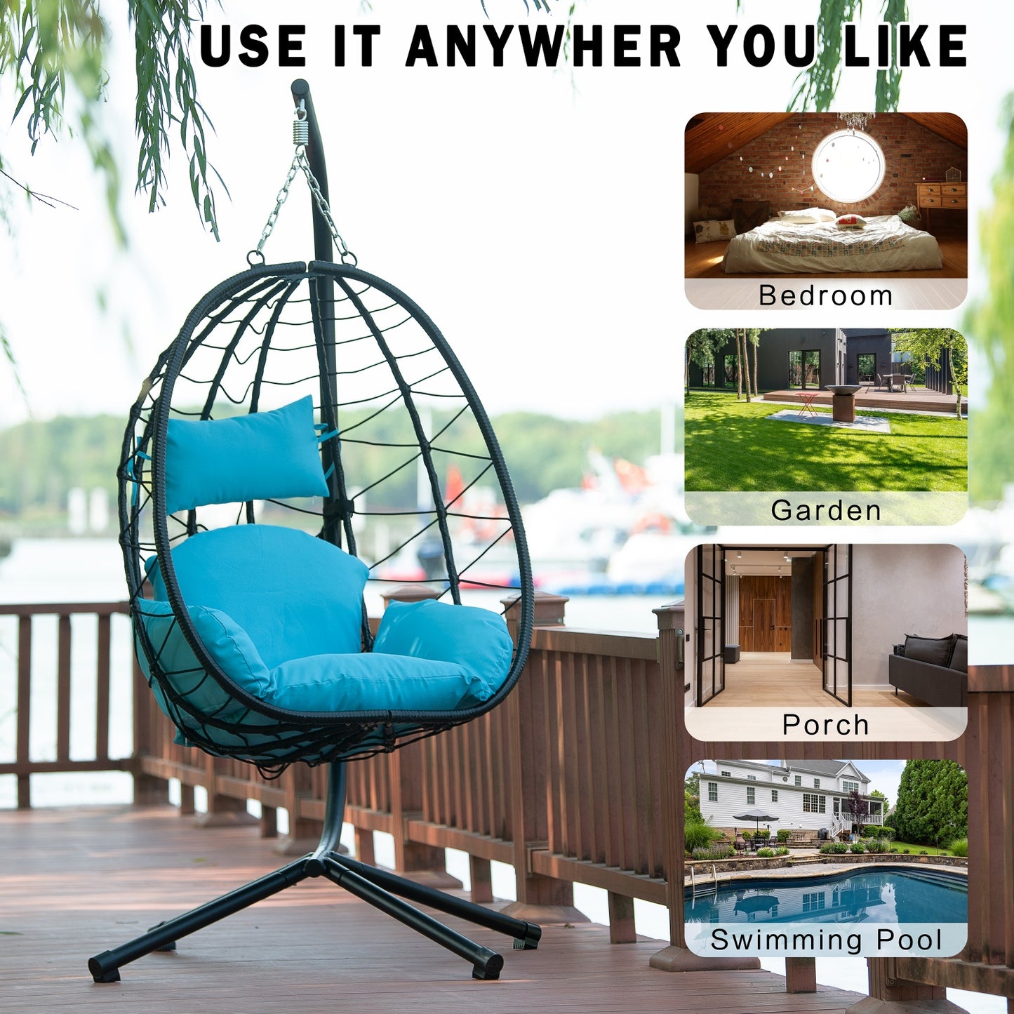 Egg Chair with Stand, SHINPT Patio Rattan Wicker Hanging Swing Egg Chair with Steel Frame and Soft Cushions, Indoor Outdoor Hammock Egg Chair for Patio, Bedroom, Garden and Balcony, 35Lbs Capacity