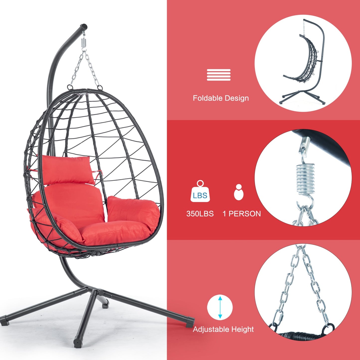 Egg Chair with Stand, SHINPT Patio Rattan Wicker Hanging Swing Egg Chair with Steel Frame and Soft Cushions, Indoor Outdoor Hammock Egg Chair for Patio, Bedroom, Garden and Balcony, 35Lbs Capacity