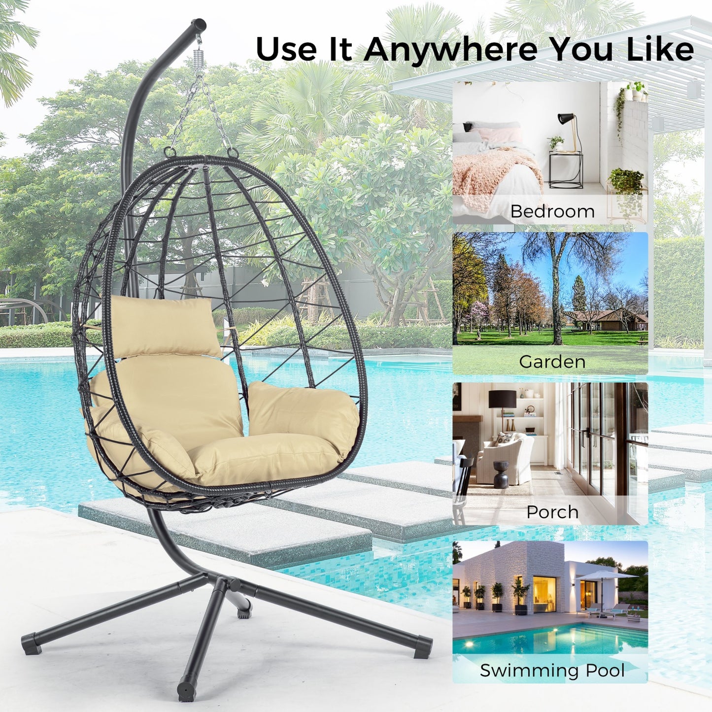 Egg Chair with Stand, SHINPT Patio Rattan Wicker Hanging Swing Egg Chair with Steel Frame and Soft Cushions, Indoor Outdoor Hammock Egg Chair for Patio, Bedroom, Garden and Balcony, 35Lbs Capacity