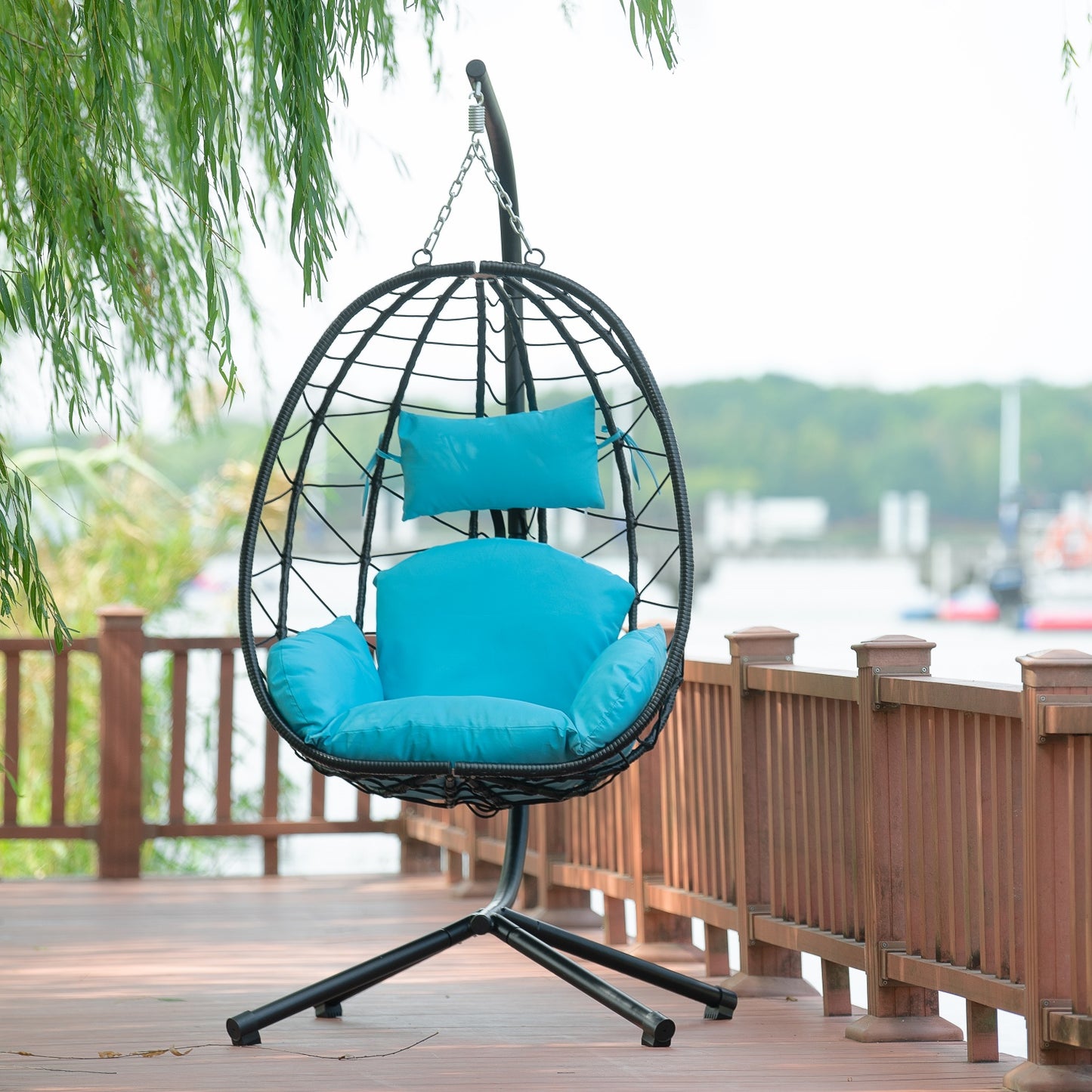 Egg Chair with Stand, SHINPT Patio Rattan Wicker Hanging Swing Egg Chair with Steel Frame and Soft Cushions, Indoor Outdoor Hammock Egg Chair for Patio, Bedroom, Garden and Balcony, 35Lbs Capacity