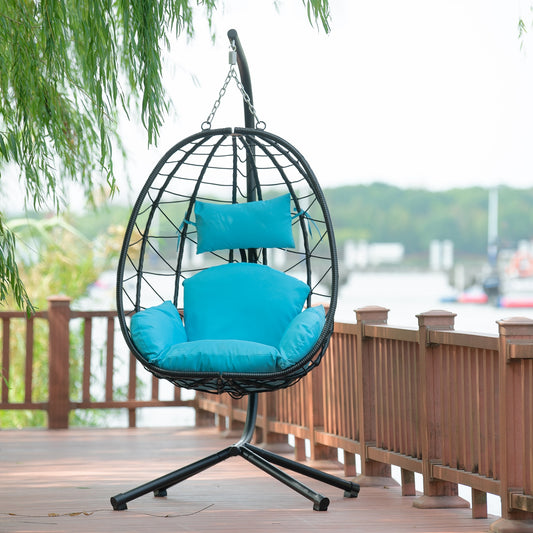 Egg Chair with Stand, SHINPT Patio Rattan Wicker Hanging Swing Egg Chair with Steel Frame and Soft Cushions, Indoor Outdoor Hammock Egg Chair for Patio, Bedroom, Garden and Balcony, 35Lbs Capacity