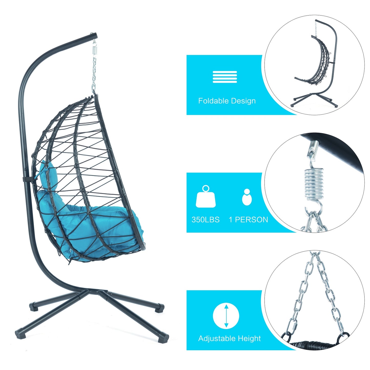 Egg Chair with Stand, SHINPT Patio Rattan Wicker Hanging Swing Egg Chair with Steel Frame and Soft Cushions, Indoor Outdoor Hammock Egg Chair for Patio, Bedroom, Garden and Balcony, 35Lbs Capacity