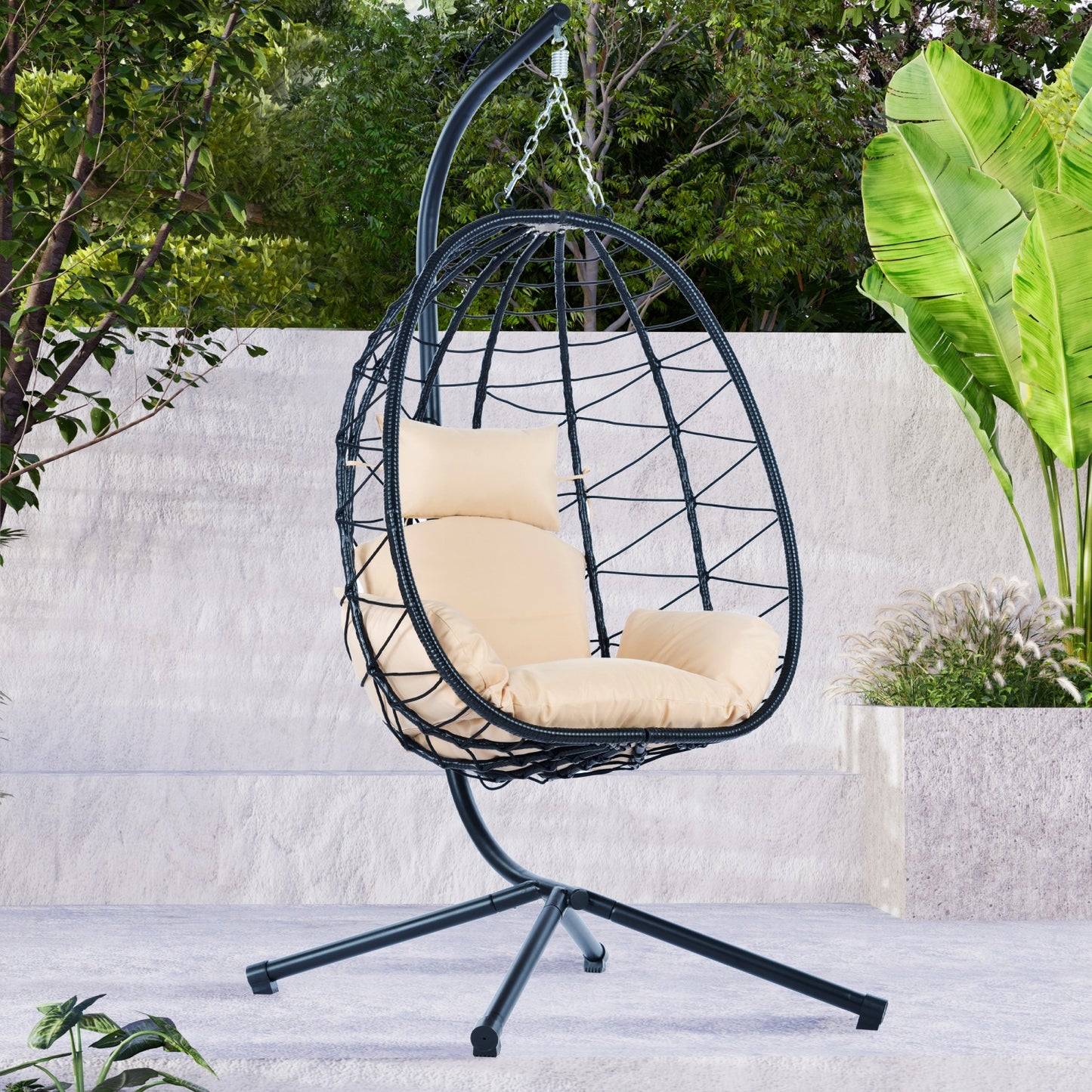 Egg Chair with Stand, SHINPT Patio Rattan Wicker Hanging Swing Egg Chair with Steel Frame and Soft Cushions, Indoor Outdoor Hammock Egg Chair for Patio, Bedroom, Garden and Balcony, 35Lbs Capacity