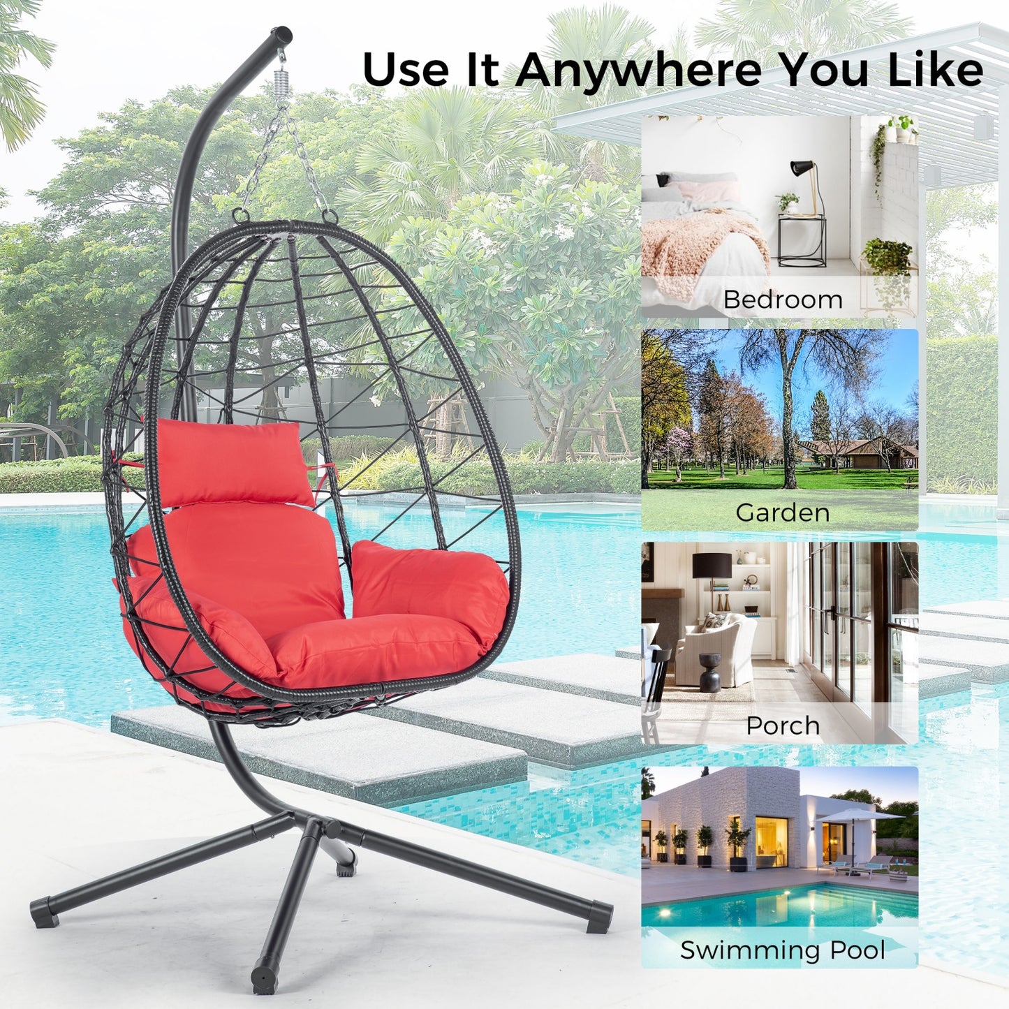 Egg Chair with Stand, SHINPT Patio Rattan Wicker Hanging Swing Egg Chair with Steel Frame and Soft Cushions, Indoor Outdoor Hammock Egg Chair for Patio, Bedroom, Garden and Balcony, 35Lbs Capacity