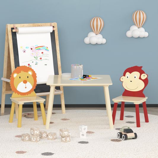 Kids Table and 2 Chairs Set, SHINPT 3 Pieces Wooden Activity Play Table Set with Non-Slip Legs , Toddler Table and Chair Set with Cute Lion&Monkey, Kids Activity Table for Playroom, Classroom, Home