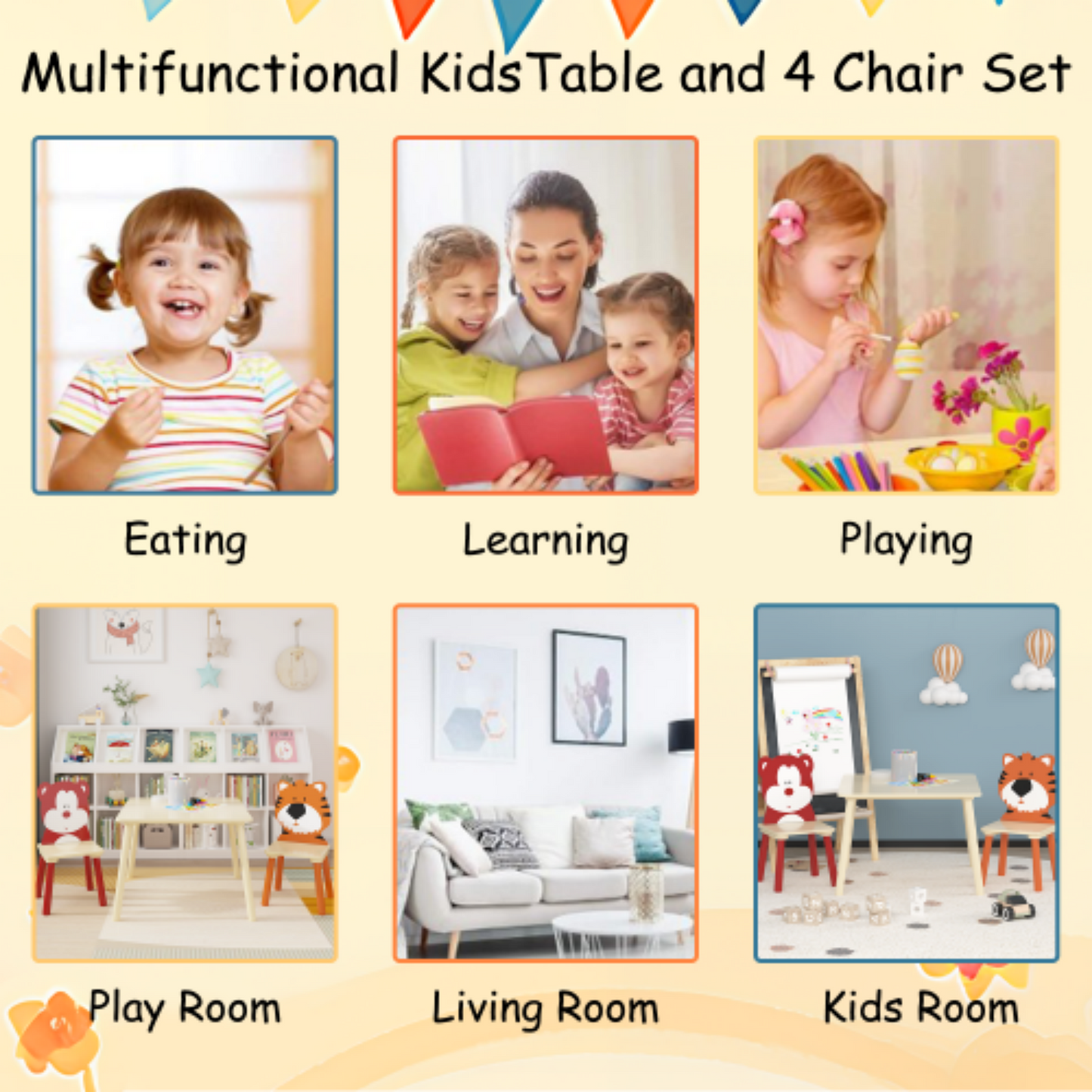 Kids Table and 2 Chairs Set, SHINPT 3 Pieces Wooden Activity Play Table Set with Non-Slip Legs , Toddler Table and Chair Set with Cute Bear&Tiger, Kids Activity Table for Playroom, Classroom, Home