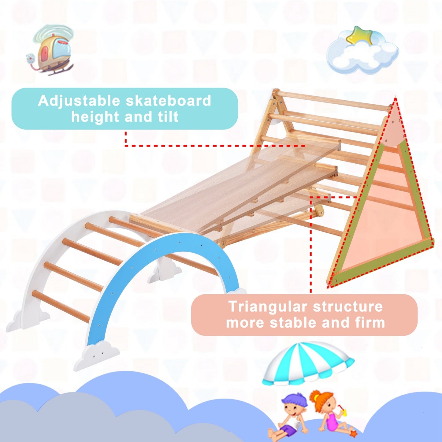 Pikler Triangle Set, SHINPT 5 in 1 Foldable Wooden Montessori Climbing Set with Climbing Triangle, Slide, Triangle Tent, Rock Arch, Ramp & Ladder, Playground Jungle Gym for Toddlers 1-3 Inside