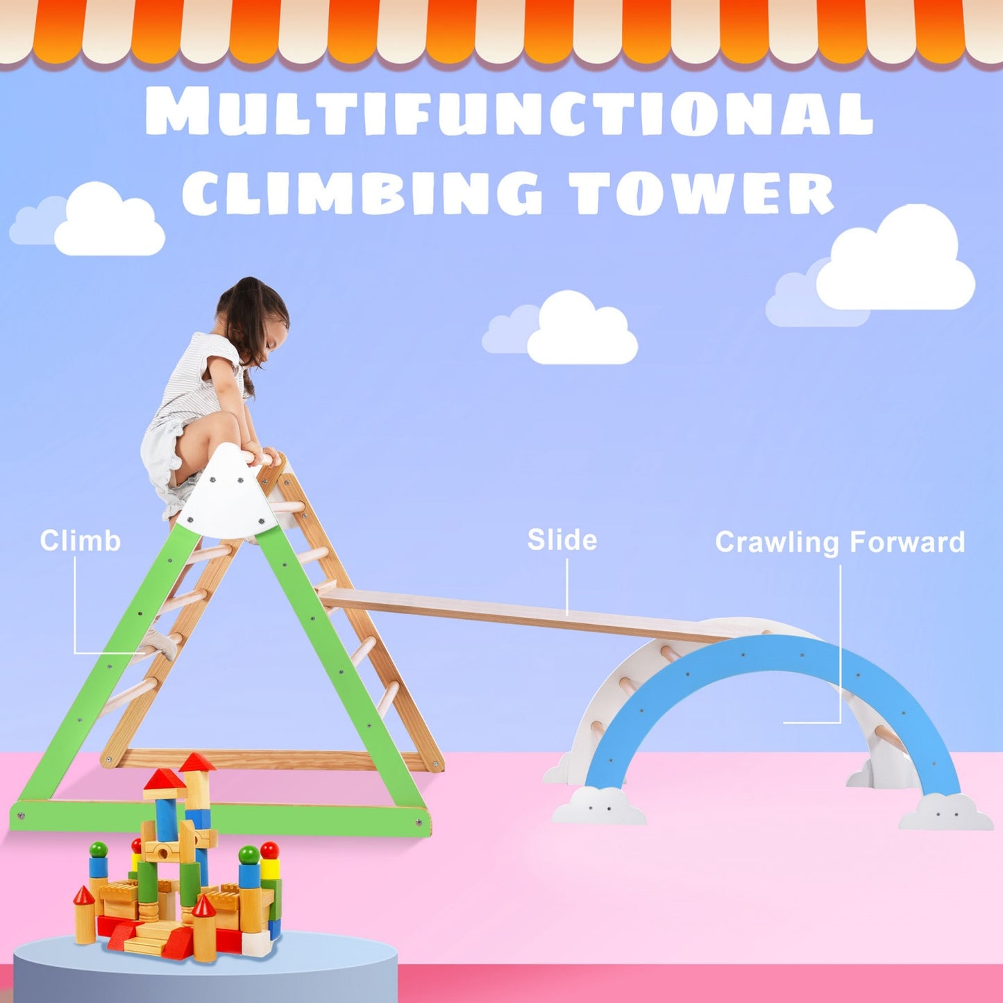 Pikler Triangle Set, SHINPT 5 in 1 Foldable Wooden Montessori Climbing Set with Climbing Triangle, Slide, Triangle Tent, Rock Arch, Ramp & Ladder, Playground Jungle Gym for Toddlers 1-3 Inside