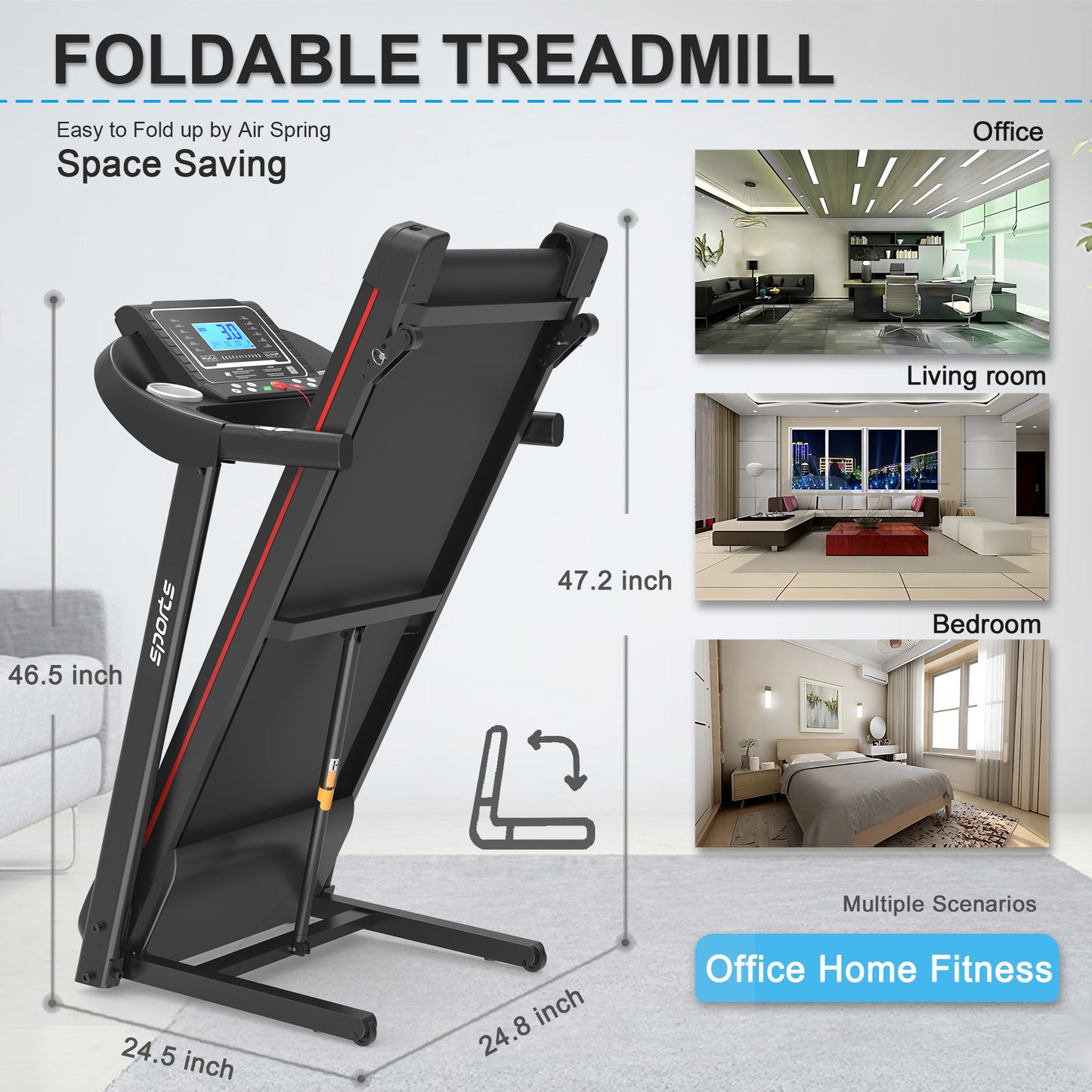 SHINPT 2.5HP Treadmill with Bluetooth Music, 5" LCD Screen with Handle Bar, Walking Pad with Incline 250lbs Foldable Treadmills with APP, Portable Folding Treadmills for Home/Office with Low Noise