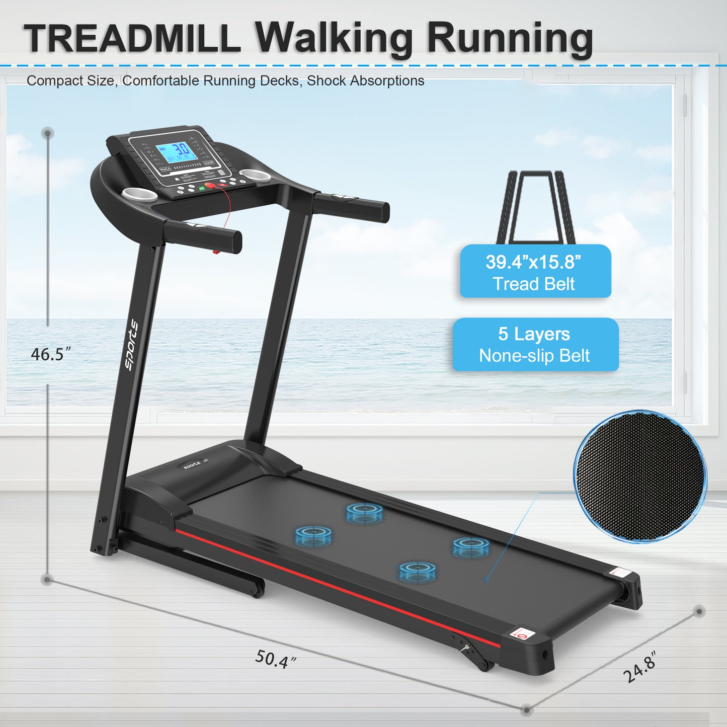 SHINPT 2.5HP Treadmill with Bluetooth Music, 5" LCD Screen with Handle Bar, Walking Pad with Incline 250lbs Foldable Treadmills with APP, Portable Folding Treadmills for Home/Office with Low Noise