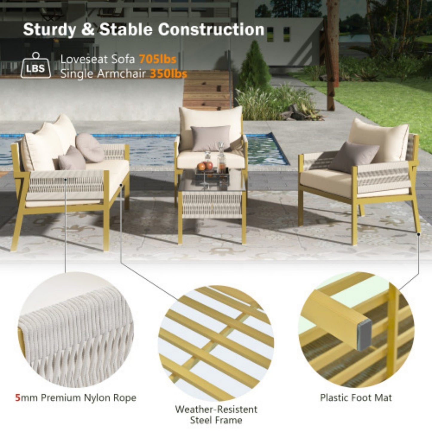 Patio Furniture Set, 4-Piece Outdoor Rattan Wicker Rope Conversation Set with Tempered Glass Table and Thick Cushion, Rope Patio Furniture Set for Backyard Porch Balcony Poolside