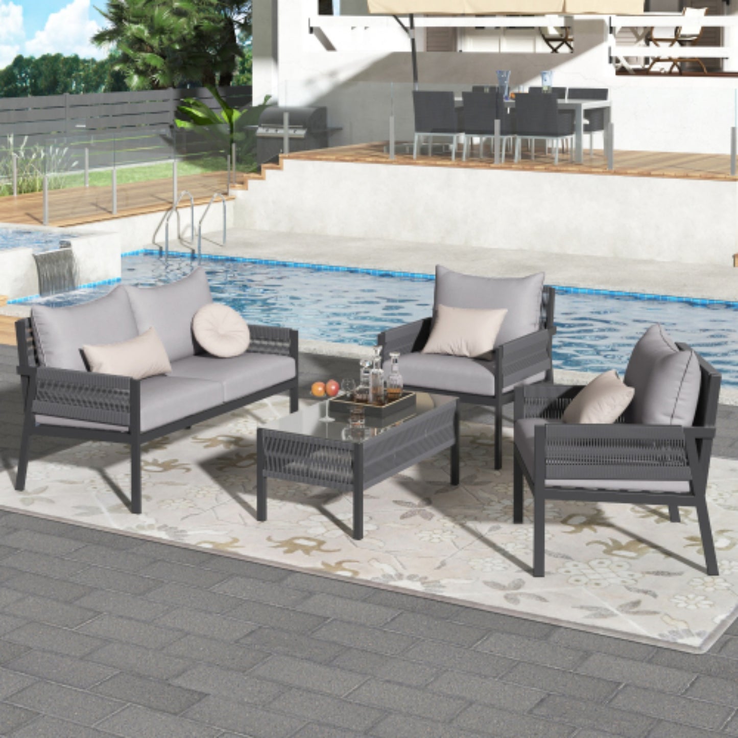 Patio Furniture Set, 4-Piece Outdoor Rattan Wicker Rope Conversation Set with Tempered Glass Table and Thick Cushion, Rope Patio Furniture Set for Backyard Porch Balcony Poolside