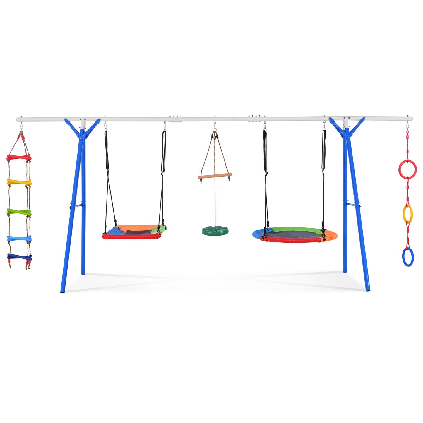 5 in 1 Swing Set for Kids, Outdoor Toddler Swing Set with Adjustable Steel Frame, Kids Backyard Playset with Climbing Ladder, Saucer Swing, Monkey Bar Swing, Disc Swing and Swing Ring