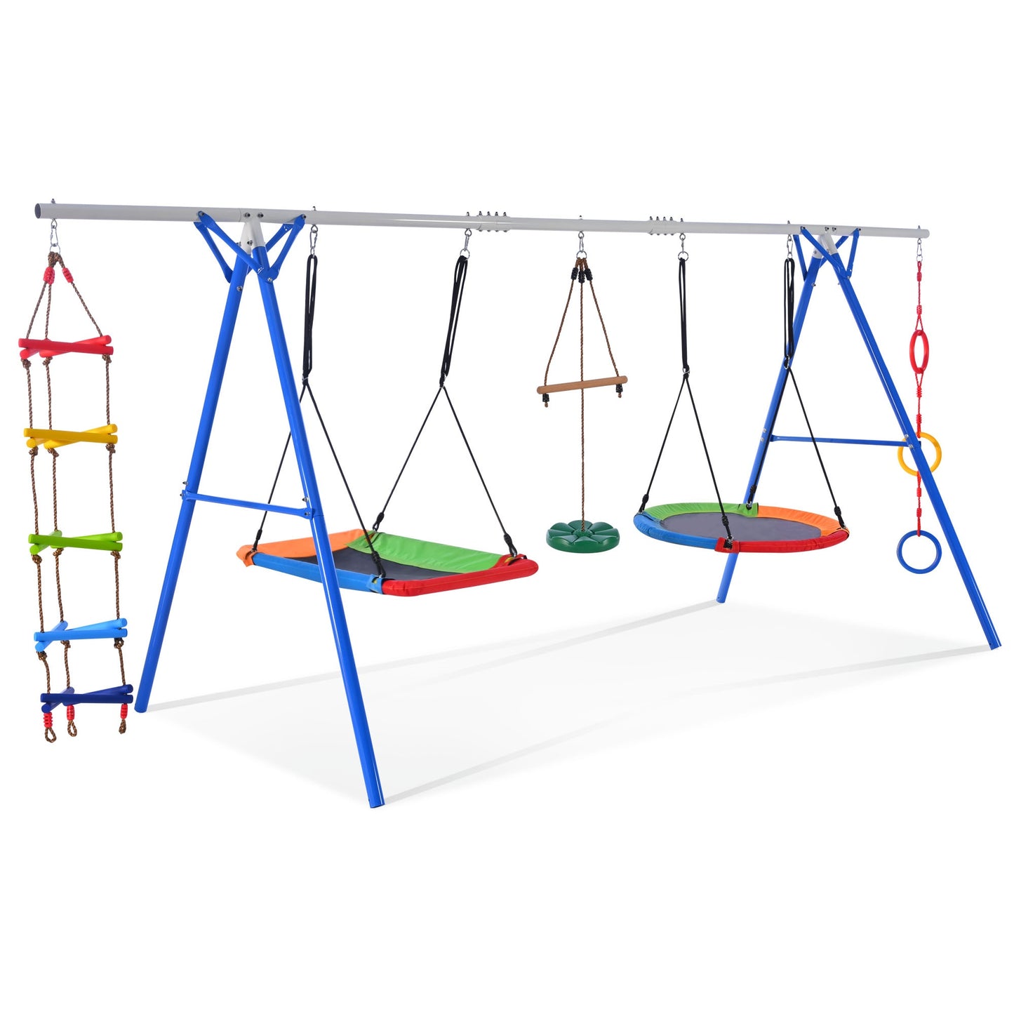 5 in 1 Swing Set for Kids, Outdoor Toddler Swing Set with Adjustable Steel Frame, Kids Backyard Playset with Climbing Ladder, Saucer Swing, Monkey Bar Swing, Disc Swing and Swing Ring