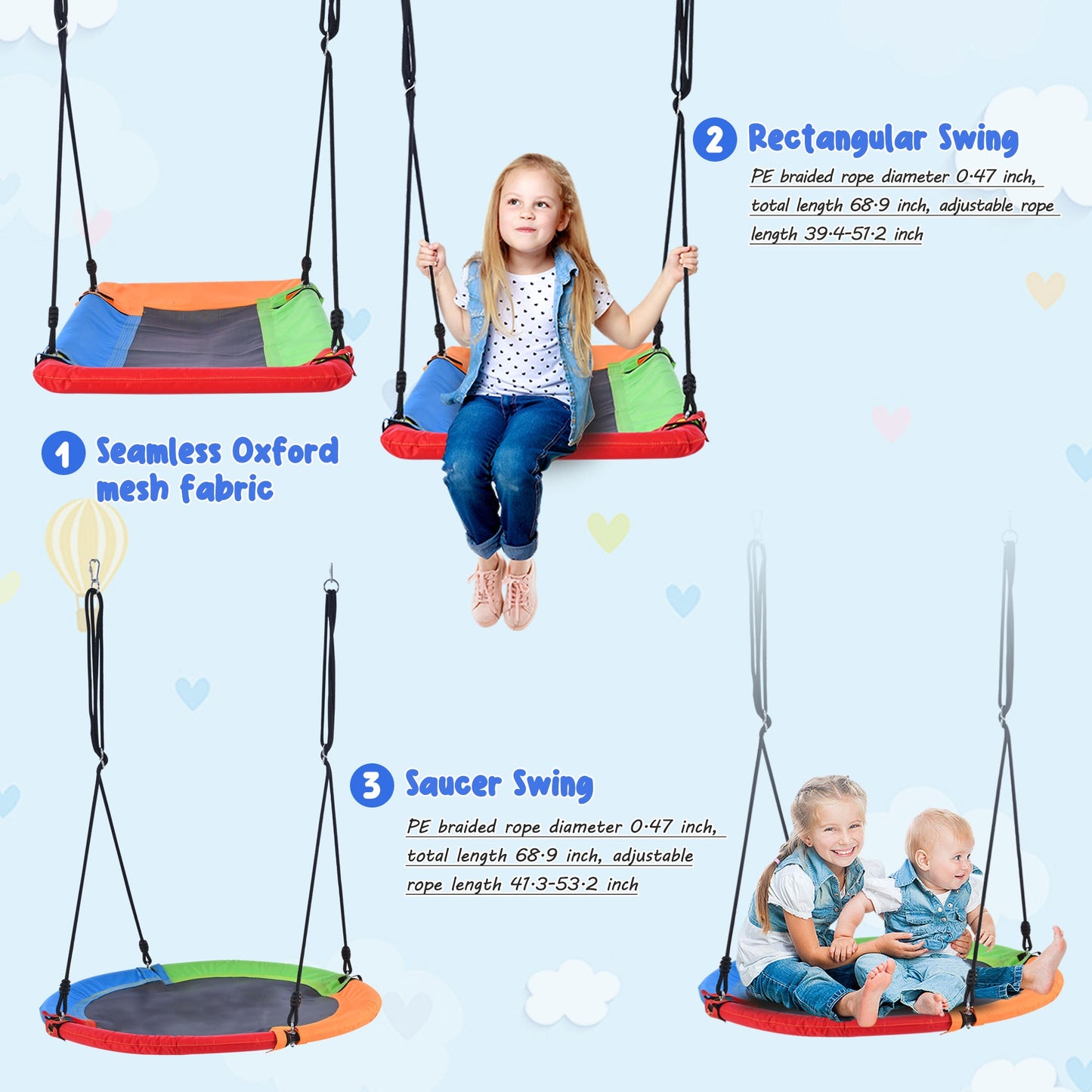 5 in 1 Swing Set for Kids, Outdoor Toddler Swing Set with Adjustable Steel Frame, Kids Backyard Playset with Climbing Ladder, Saucer Swing, Monkey Bar Swing, Disc Swing and Swing Ring