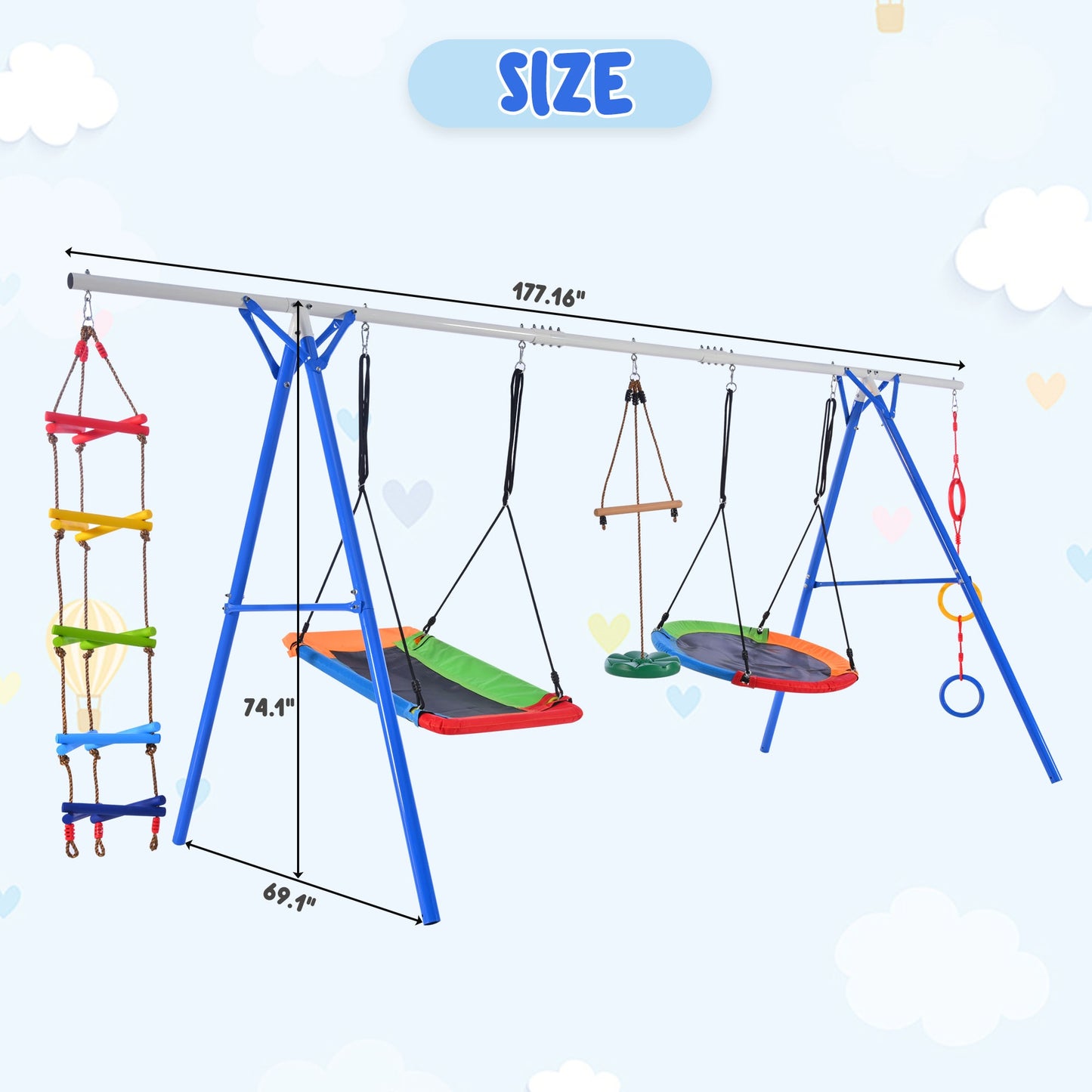 5 in 1 Swing Set for Kids, Outdoor Toddler Swing Set with Adjustable Steel Frame, Kids Backyard Playset with Climbing Ladder, Saucer Swing, Monkey Bar Swing, Disc Swing and Swing Ring