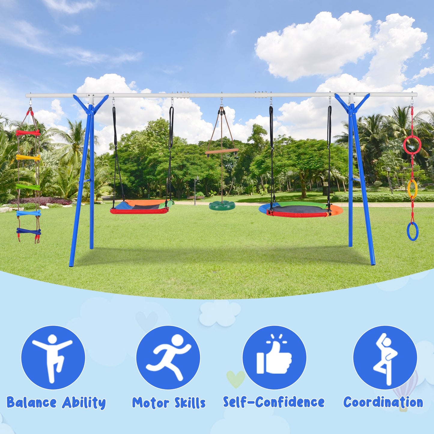 5 in 1 Swing Set for Kids, Outdoor Toddler Swing Set with Adjustable Steel Frame, Kids Backyard Playset with Climbing Ladder, Saucer Swing, Monkey Bar Swing, Disc Swing and Swing Ring