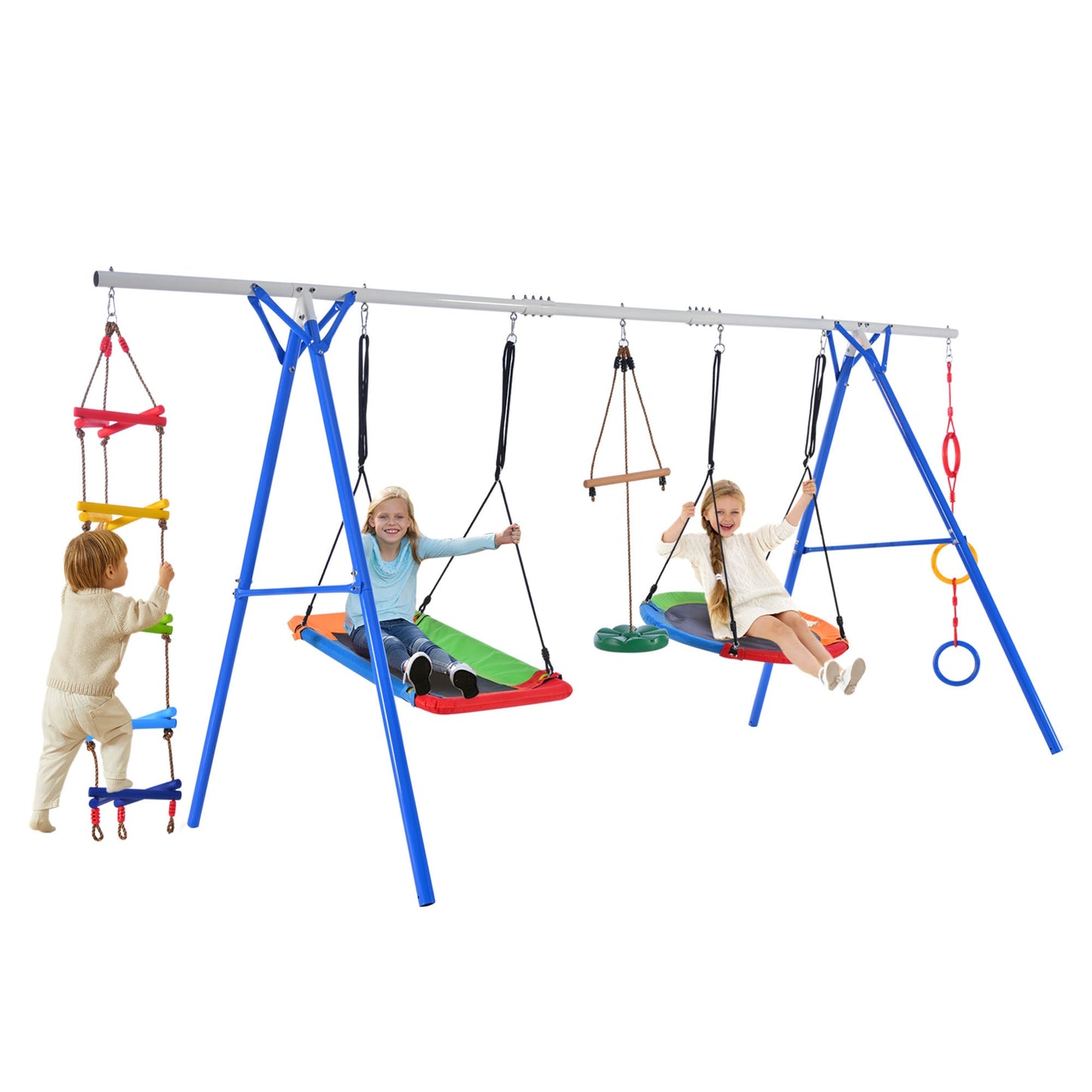 5 in 1 Swing Set for Kids, Outdoor Toddler Swing Set with Adjustable Steel Frame, Kids Backyard Playset with Climbing Ladder, Saucer Swing, Monkey Bar Swing, Disc Swing and Swing Ring