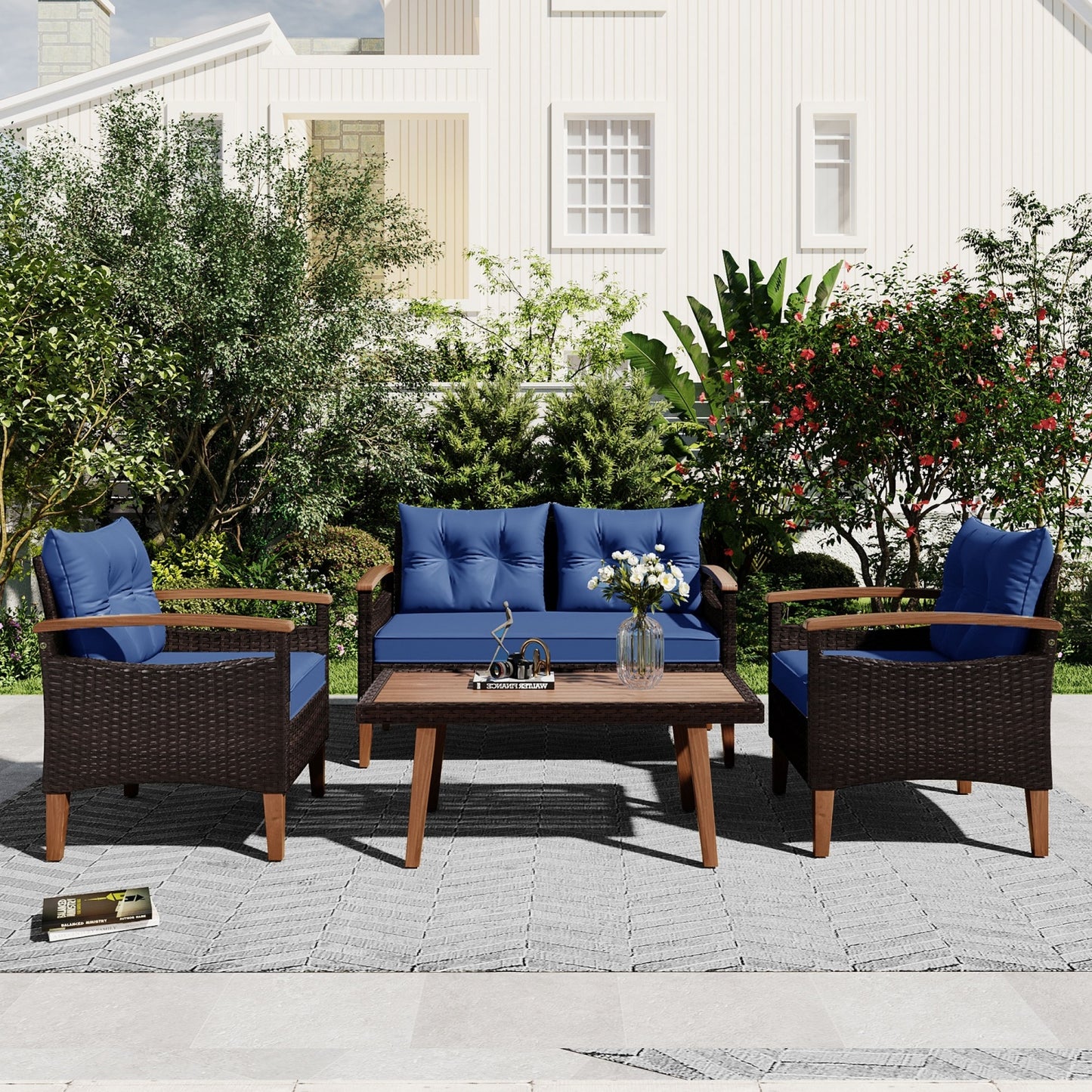4 Piece Outdoor Patio Furniture Set, PE Rattan Wicker Sectional Set with UV-Resistant & Waterproof Cushions and Wood Table, All-Weather Rattan Patio Furniture Set for Outside Balcony Porch Backyard