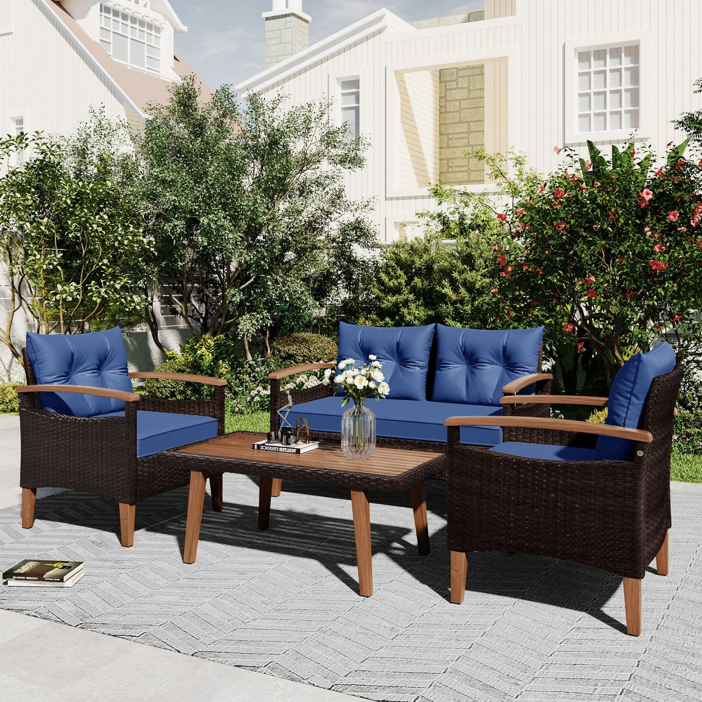 4 Piece Outdoor Patio Furniture Set, PE Rattan Wicker Sectional Set with UV-Resistant & Waterproof Cushions and Wood Table, All-Weather Rattan Patio Furniture Set for Outside Balcony Porch Backyard