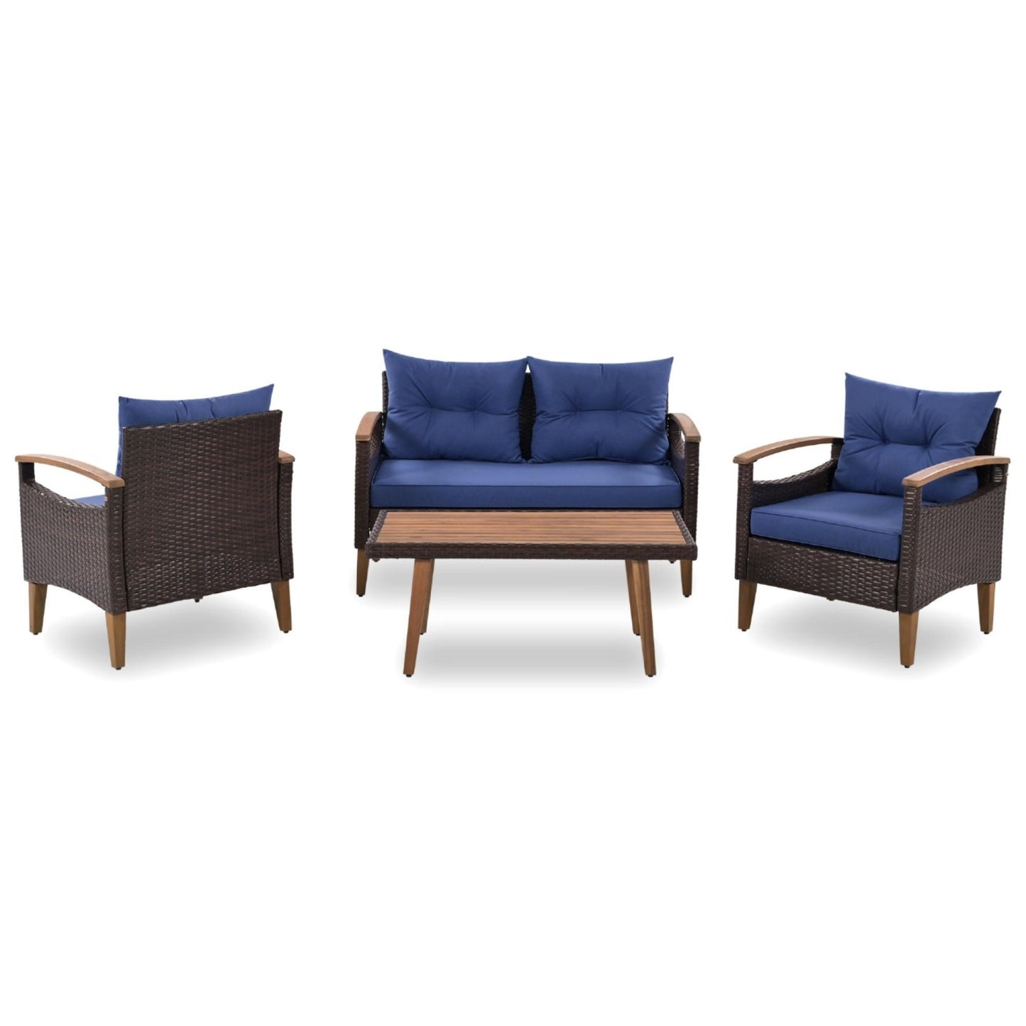 4 Piece Outdoor Patio Furniture Set, PE Rattan Wicker Sectional Set with UV-Resistant & Waterproof Cushions and Wood Table, All-Weather Rattan Patio Furniture Set for Outside Balcony Porch Backyard