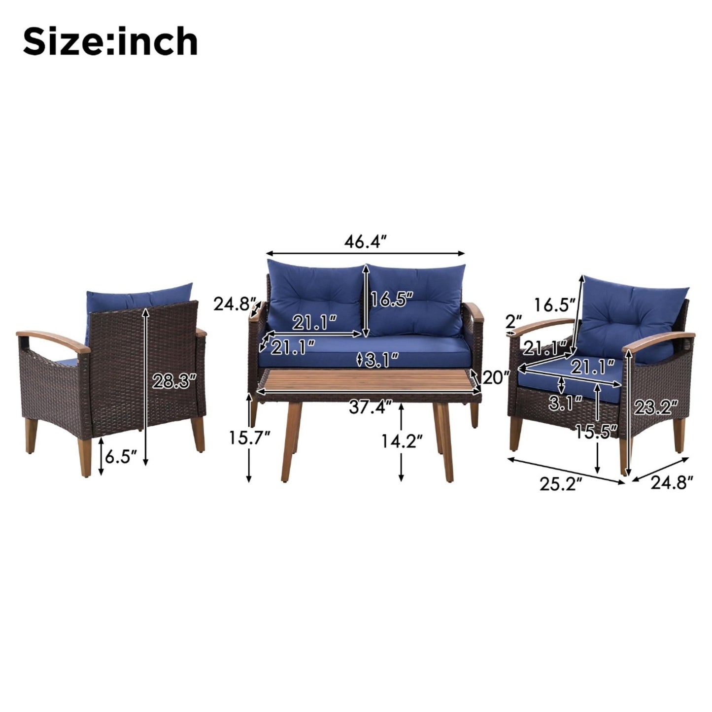 4 Piece Outdoor Patio Furniture Set, PE Rattan Wicker Sectional Set with UV-Resistant & Waterproof Cushions and Wood Table, All-Weather Rattan Patio Furniture Set for Outside Balcony Porch Backyard