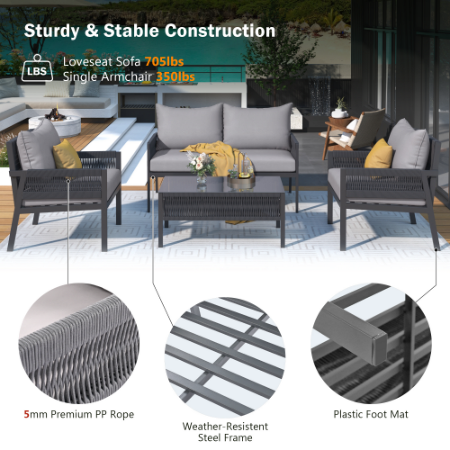 4-Piece Patio Furniture Set, Outdoor Patio Conversation Set,All-Weather PE Rattan Wicker Sectional Patio Sofa Set with Tempered Glass Table, Thick Cushion  Backyard Porch Balcony