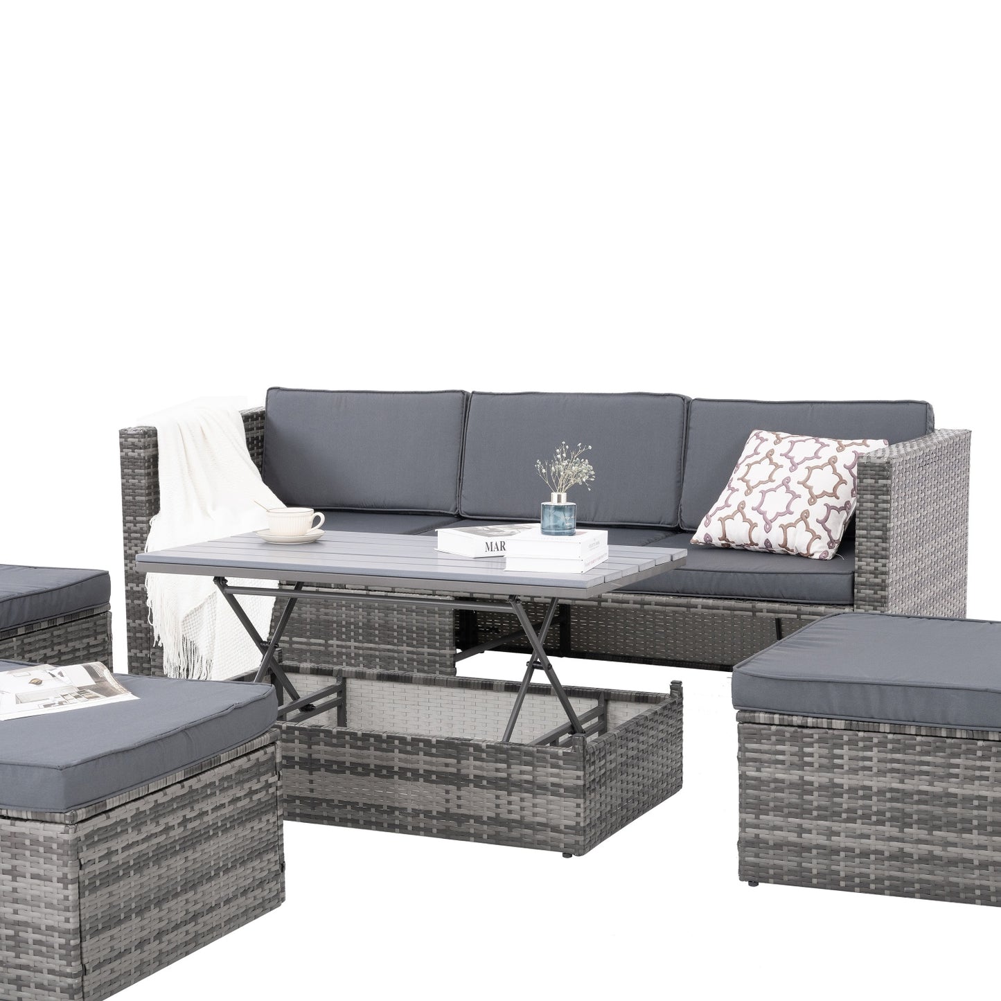 Patio Furniture, 5 Pieces Conversation Sets Outdoor Wicker Rattan Set with Soft Cushion and Coffee Table, Outdoor Wicker Seasonal Furniture for Balcony, Porch, Backyard, Deck, Garden