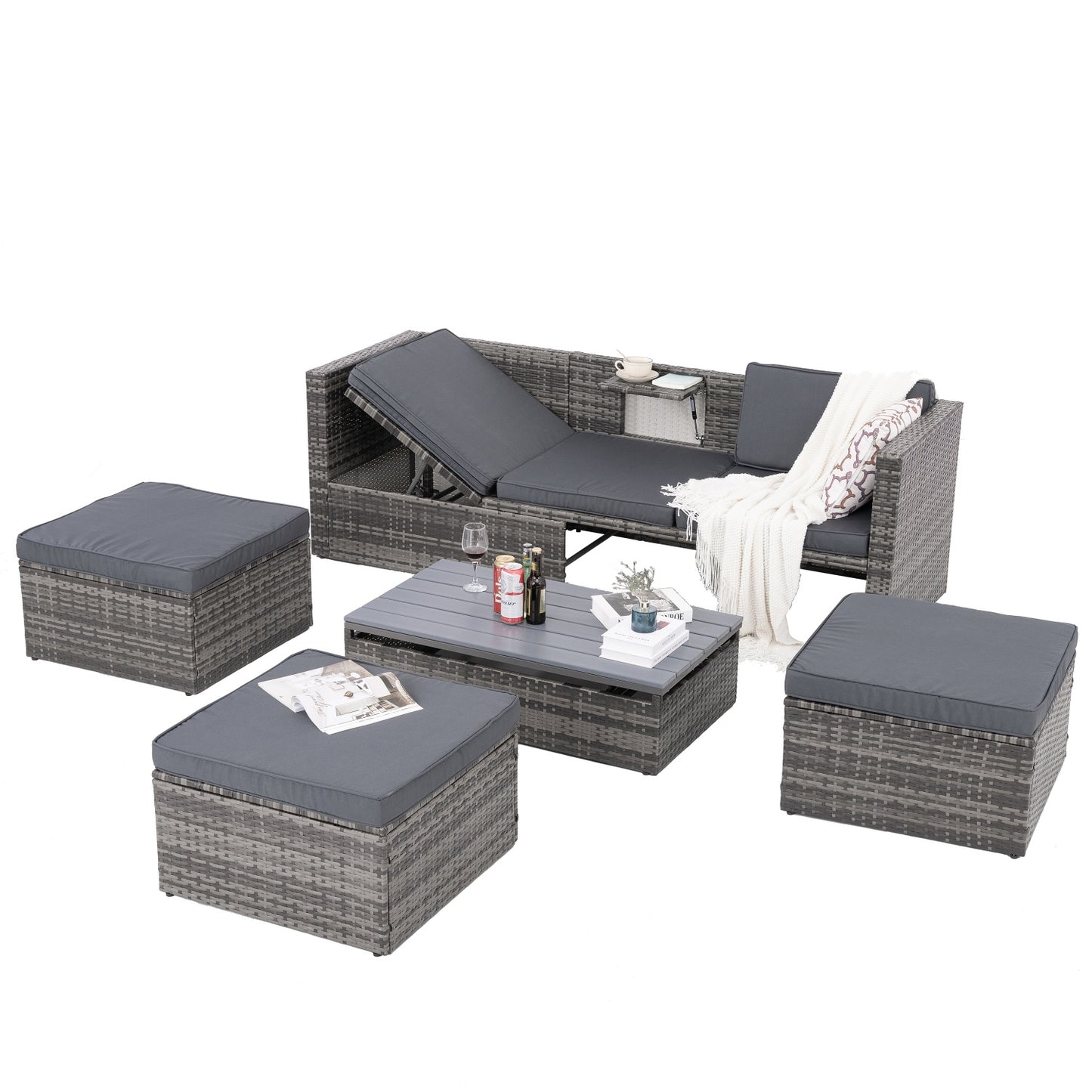 Patio Furniture, 5 Pieces Conversation Sets Outdoor Wicker Rattan Set with Soft Cushion and Coffee Table, Outdoor Wicker Seasonal Furniture for Balcony, Porch, Backyard, Deck, Garden