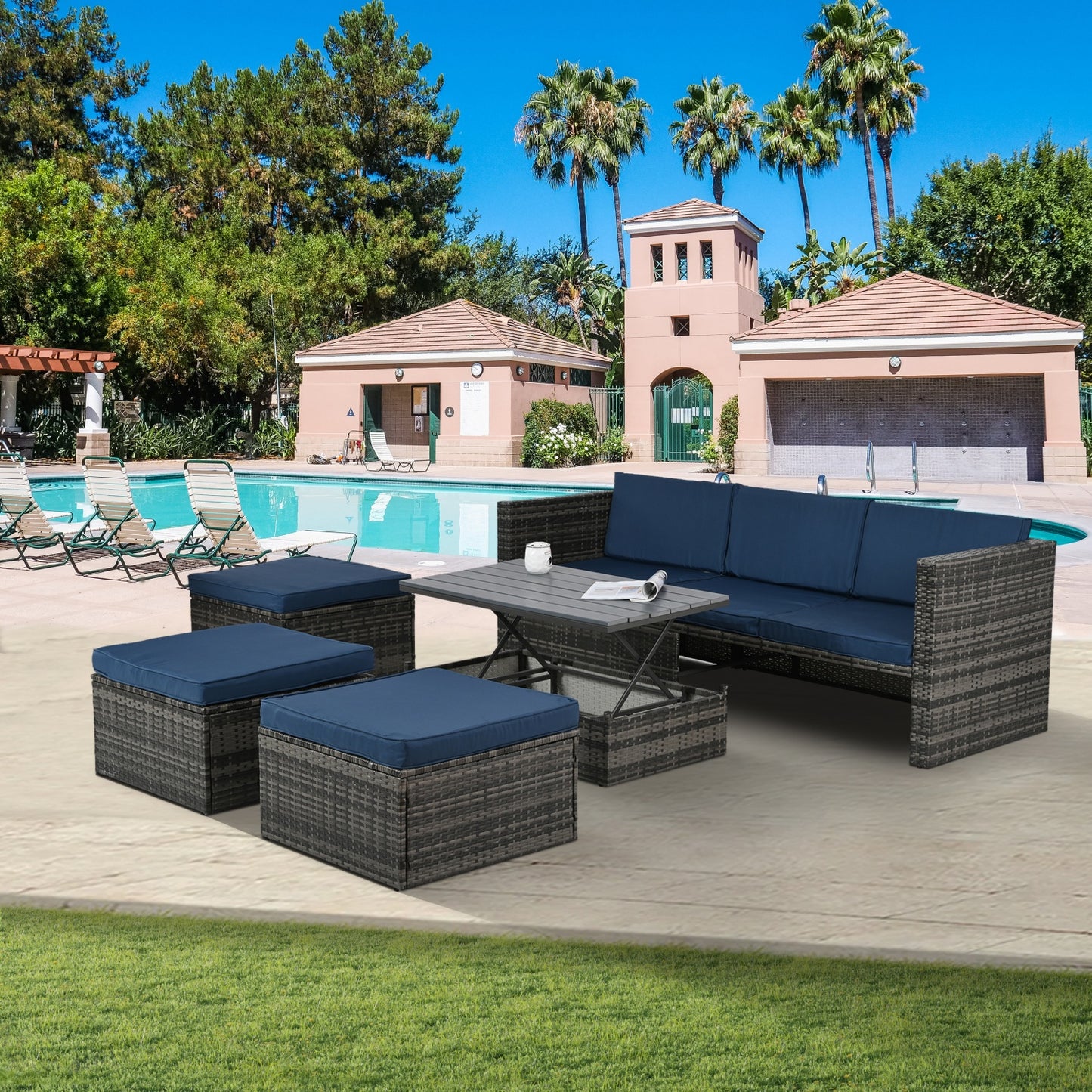 Patio Furniture, 5 Pieces Conversation Sets Outdoor Wicker Rattan Set with Soft Cushion and Coffee Table, Outdoor Wicker Seasonal Furniture for Balcony, Porch, Backyard, Deck, Garden